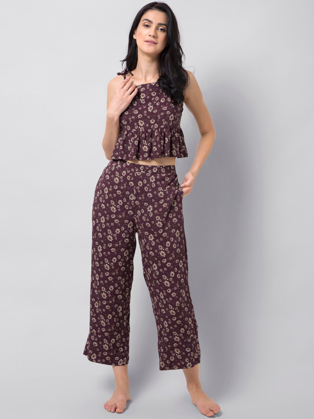

FabAlley Women Maroon & Off-White Floral-Print Night Suit