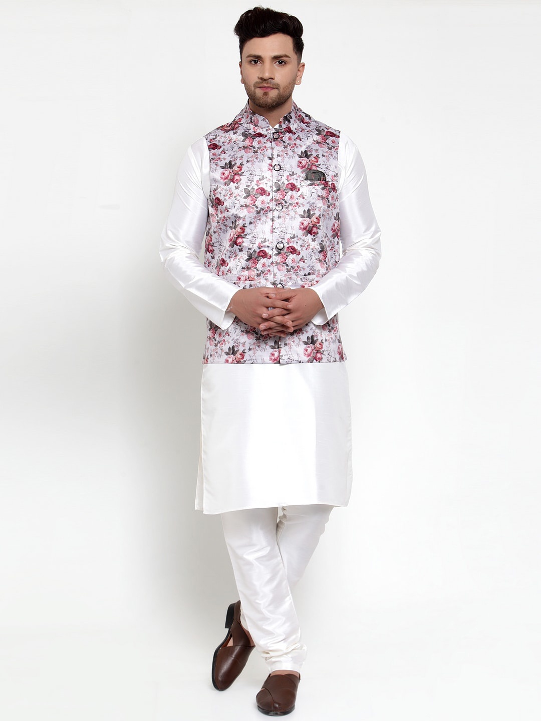 

Jompers Men White & Grey Solid Kurta with Churidar & Nehru Jacket