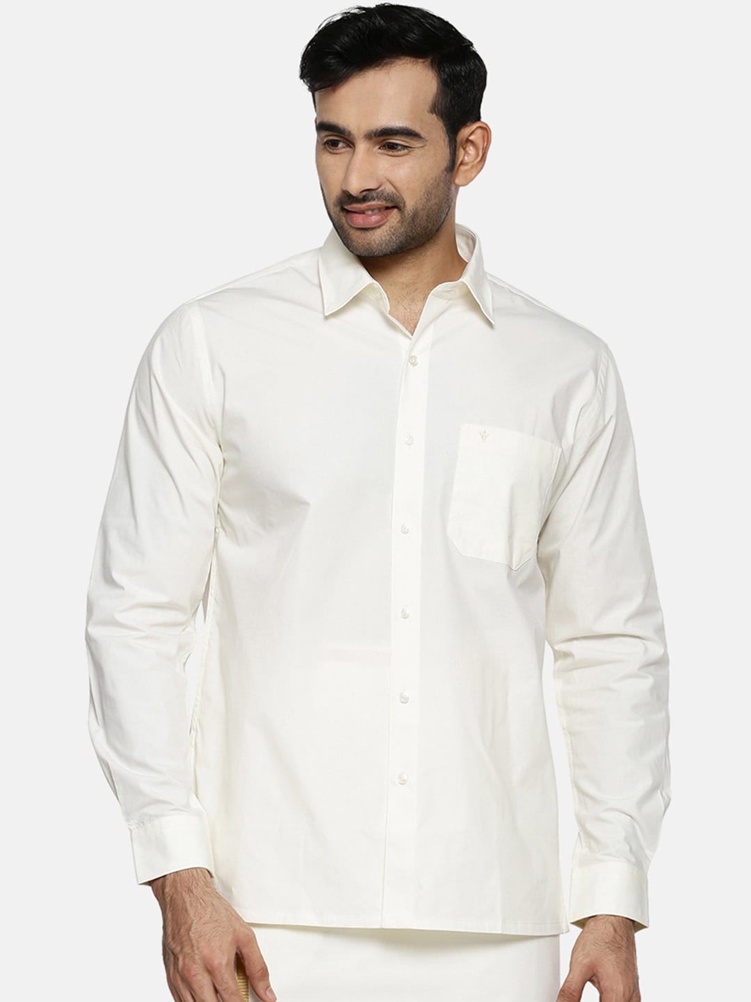 Ramraj Men Cream-Coloured Regular Fit Solid Ethnic Shirt