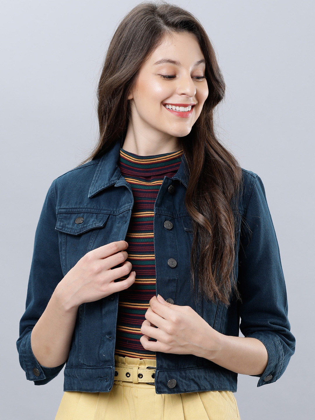 

Tokyo Talkies Women Blue Solid Crop Denim Jacket