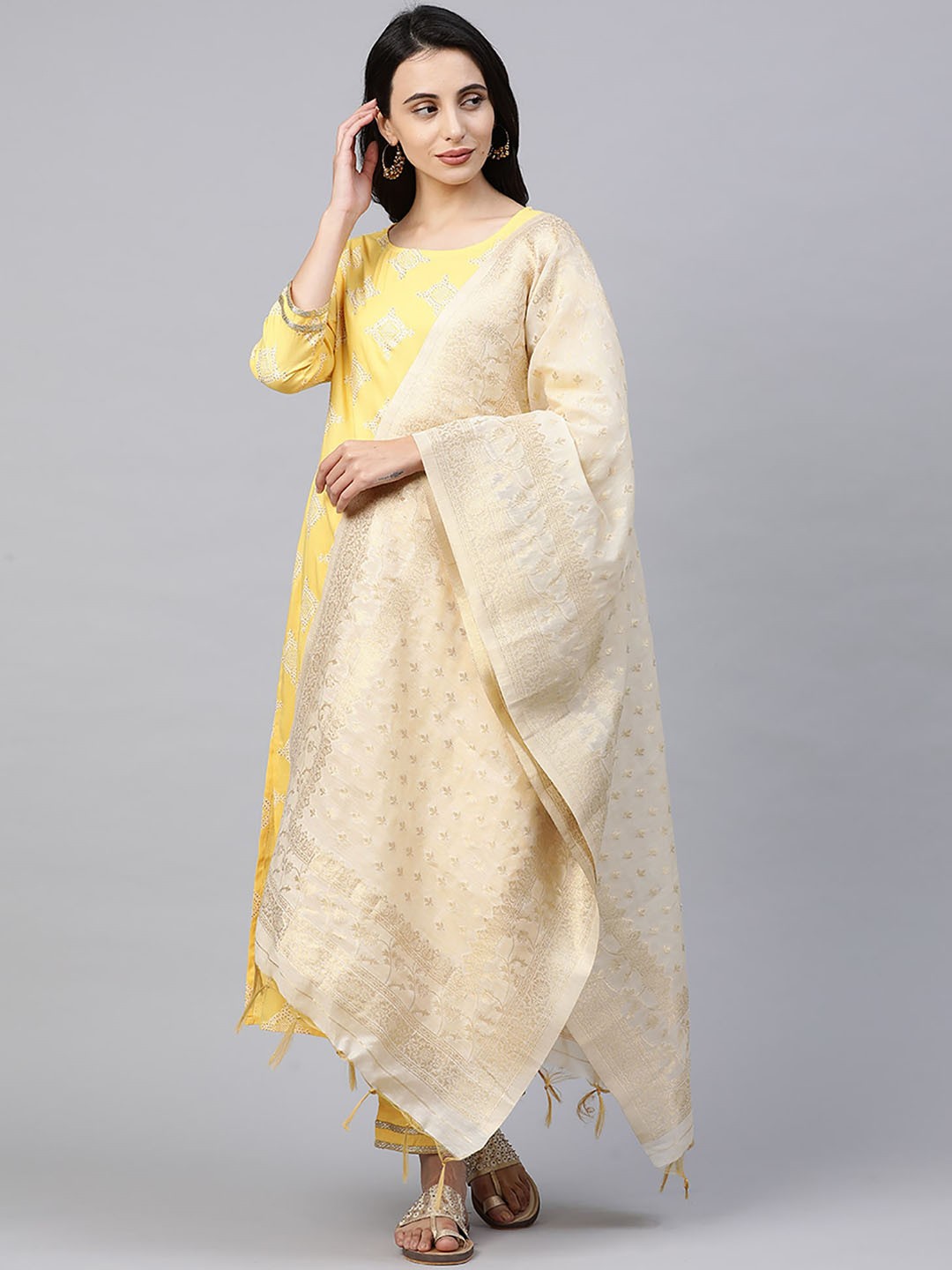 

Indo Era Women Yellow Embroidered Kurta with Trousers & Dupatta