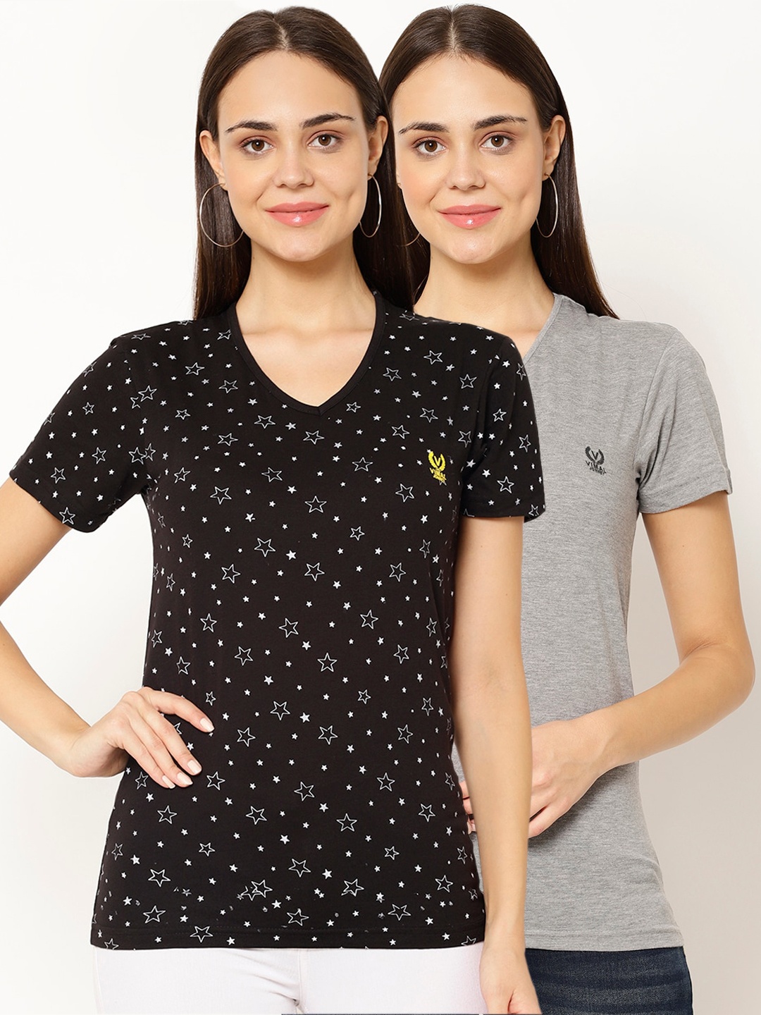 MACK JONNEY Women Pack Of 2 Printed V-Neck T-shirt, Black
