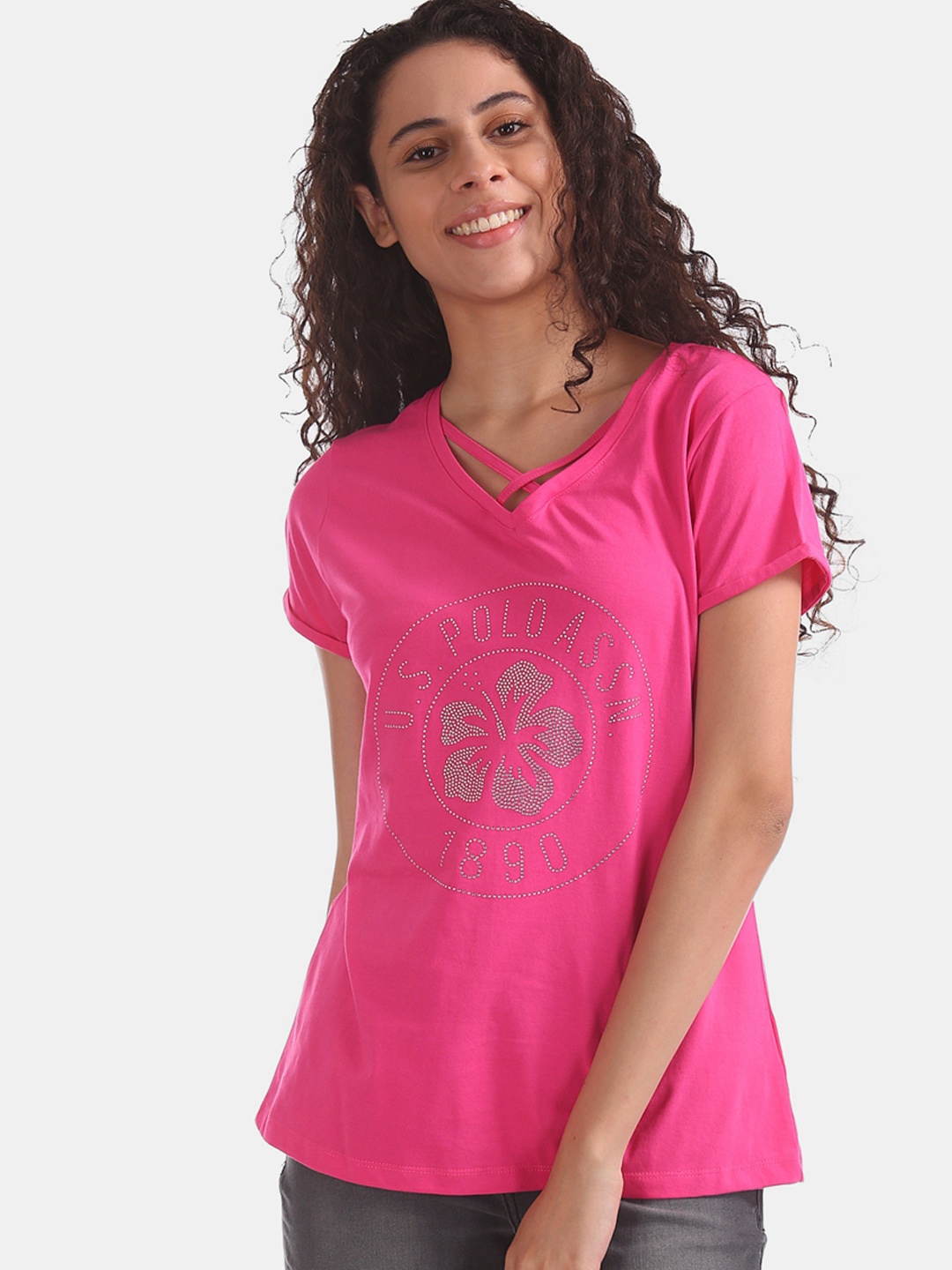 U.S. Polo Assn. Women Pink Solid V-Neck T-shirt
