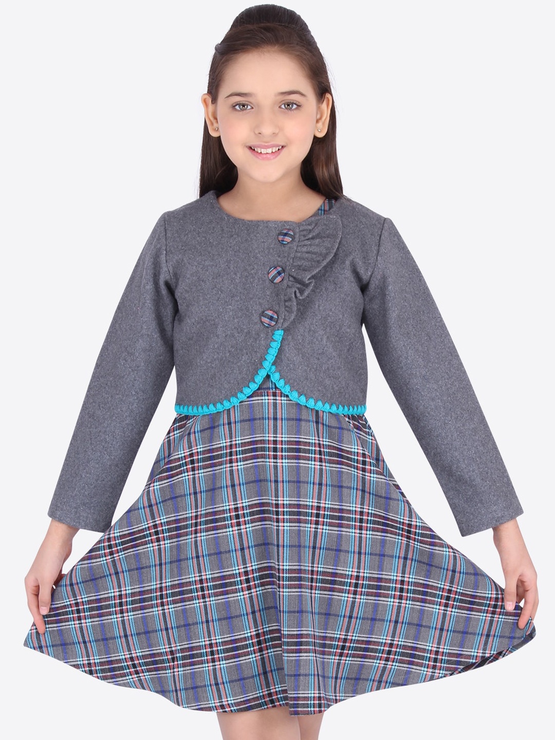 

CUTECUMBER Girls Grey Checked Fit and Flare Dress With Shrug