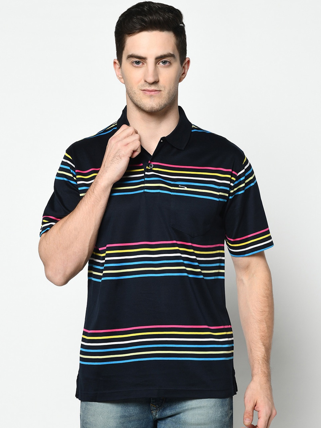 

Duke Men Black Striped Polo Collar T-shirt