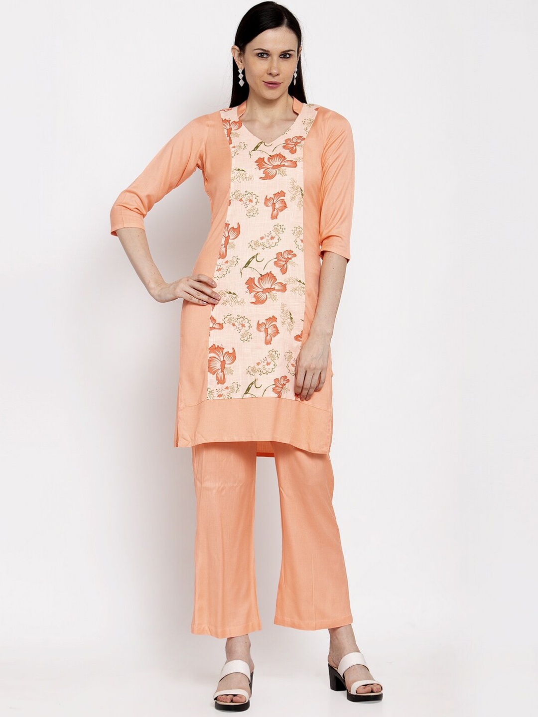 

DUGRI BE THE ONE Women Peach-Coloured Floral Printed Kurta with Trousers