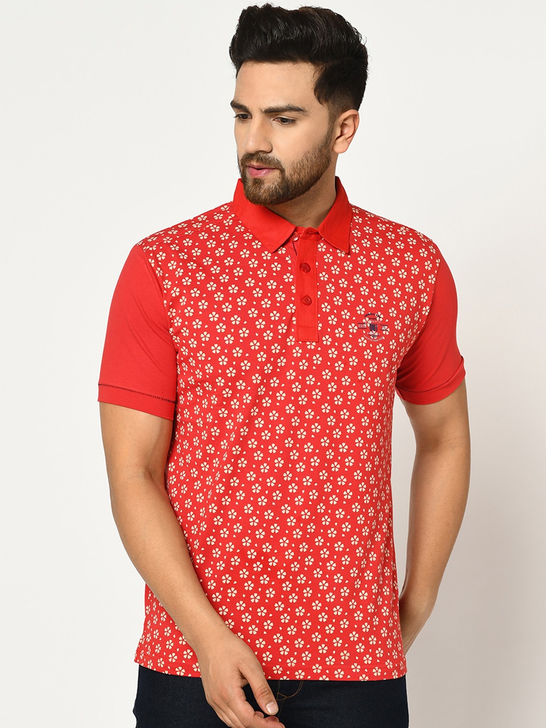 

Duke Men Red Printed Mandarin Collar T-shirt