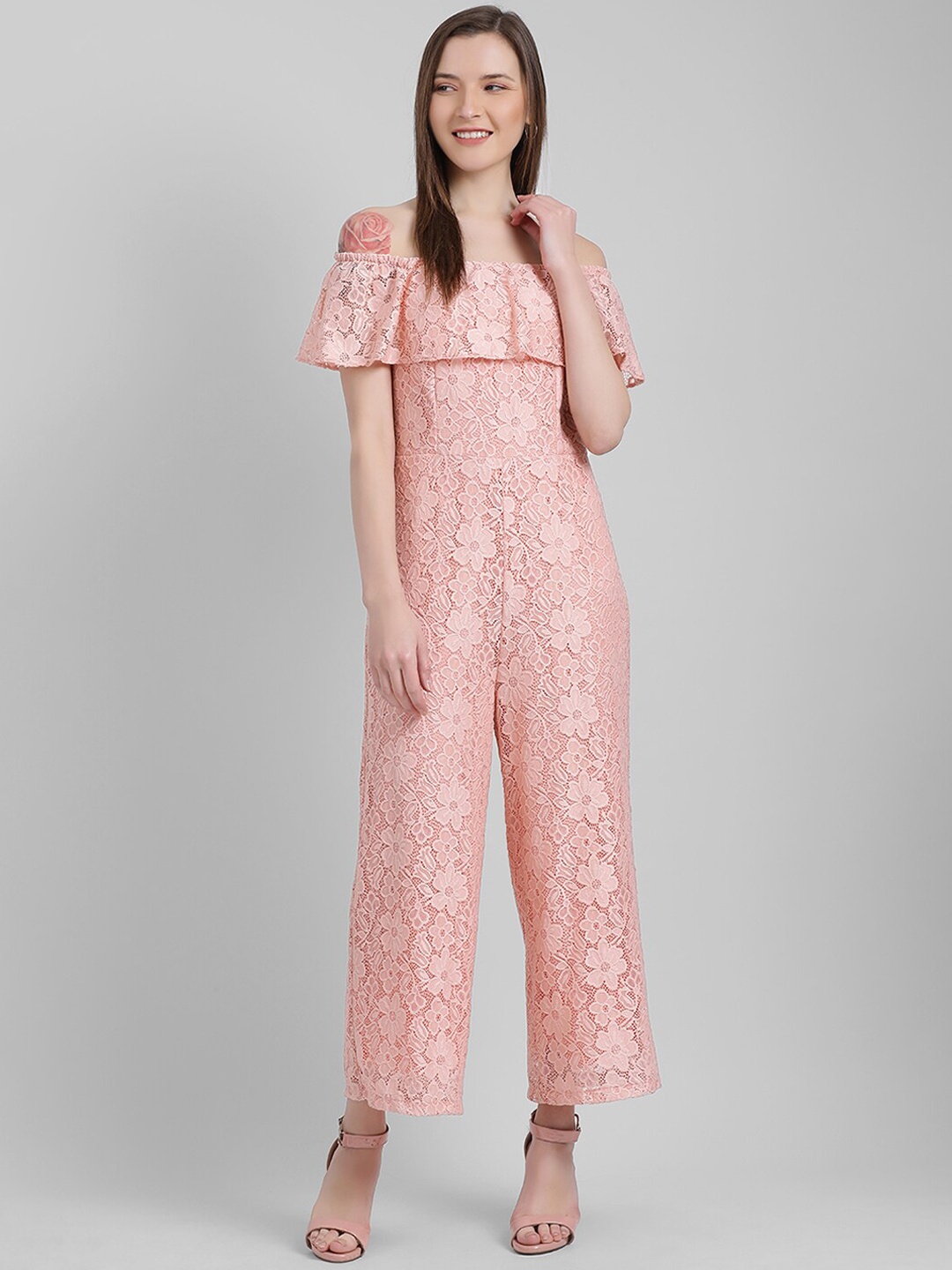 

Zink London Women Peach-Coloured Self Design Basic Jumpsuit