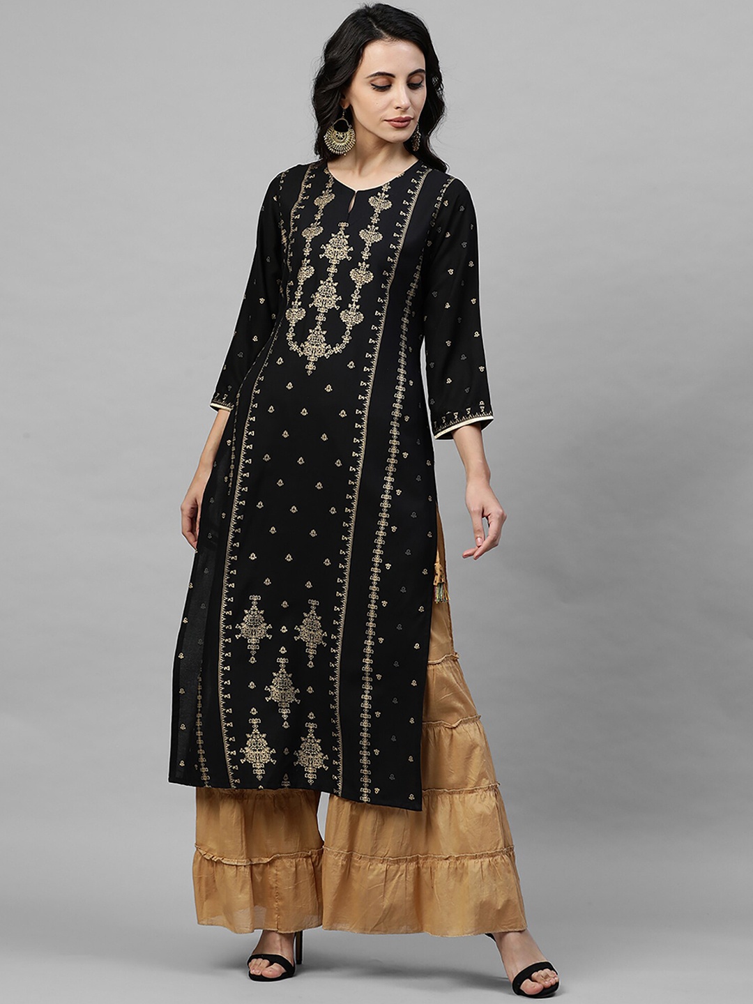 

Indo Era Women Black Woven Design A-Line Kurta