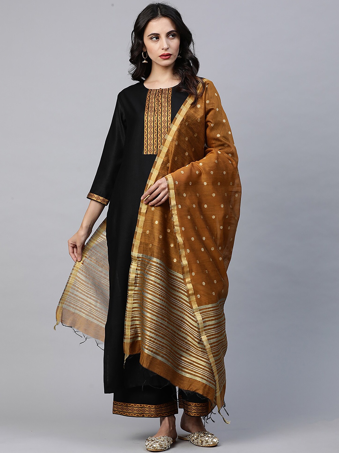 Indo Era Women Black & Brown Solid Kurta with Palazzos & Dupatta