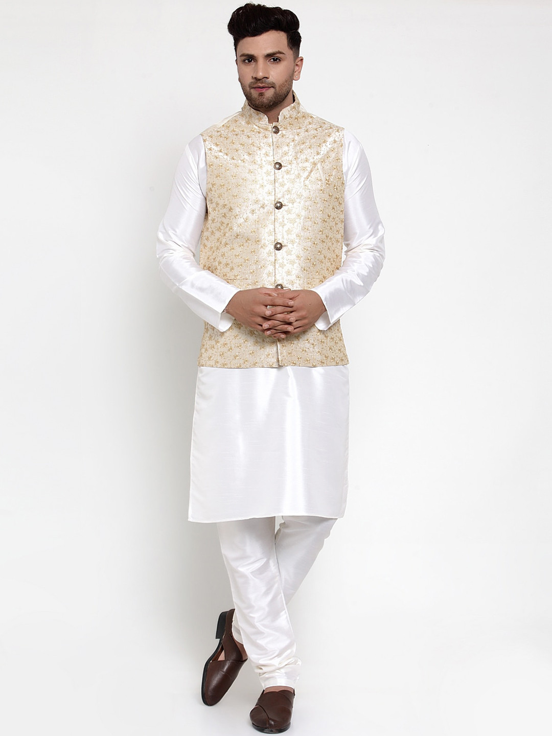 

Jompers Men Cream-Coloured & Off-White Solid Kurta with Churidar with Nehru Jacket