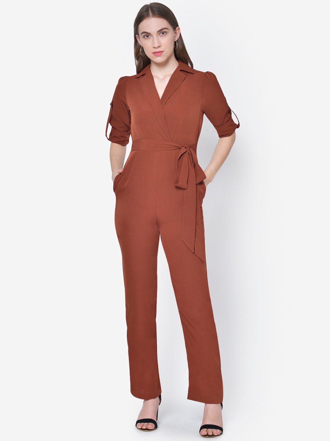 

Martini Women Brown Solid Wrap-Up Basic Jumpsuit