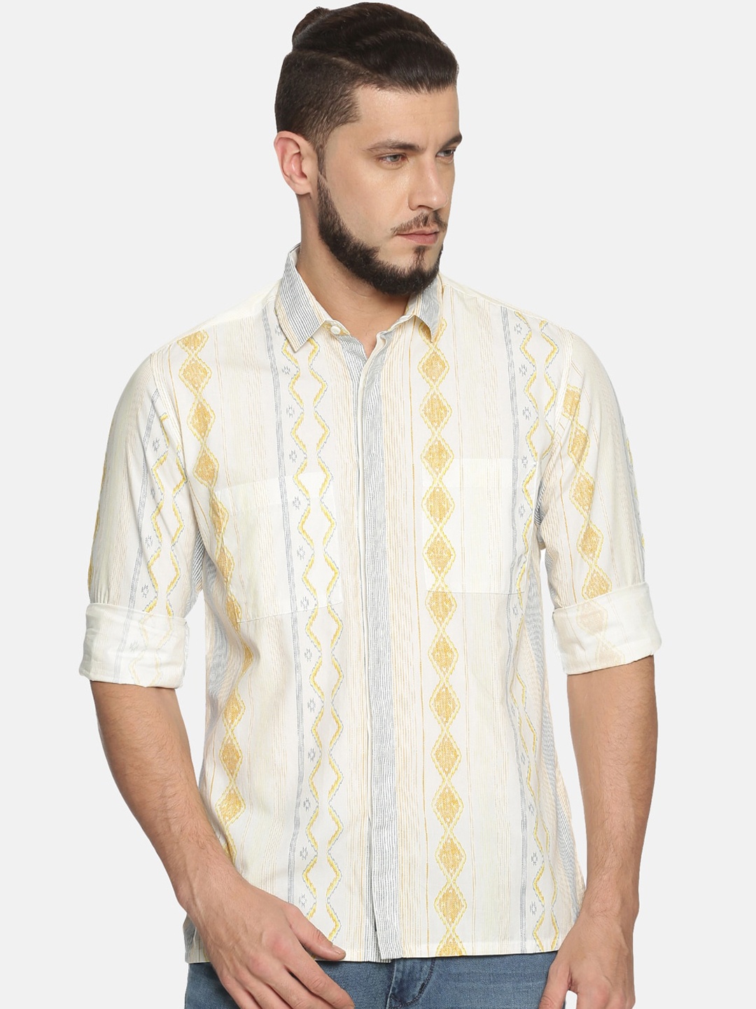 Bene Kleed Men White & Yellow Regular Fit Printed Casual Shirt
