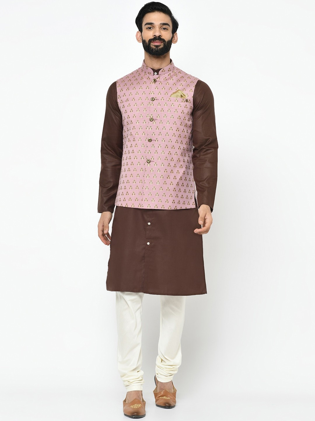 

Vartah Men Brown & Off-White Solid Kurta with Churidar & Jacket