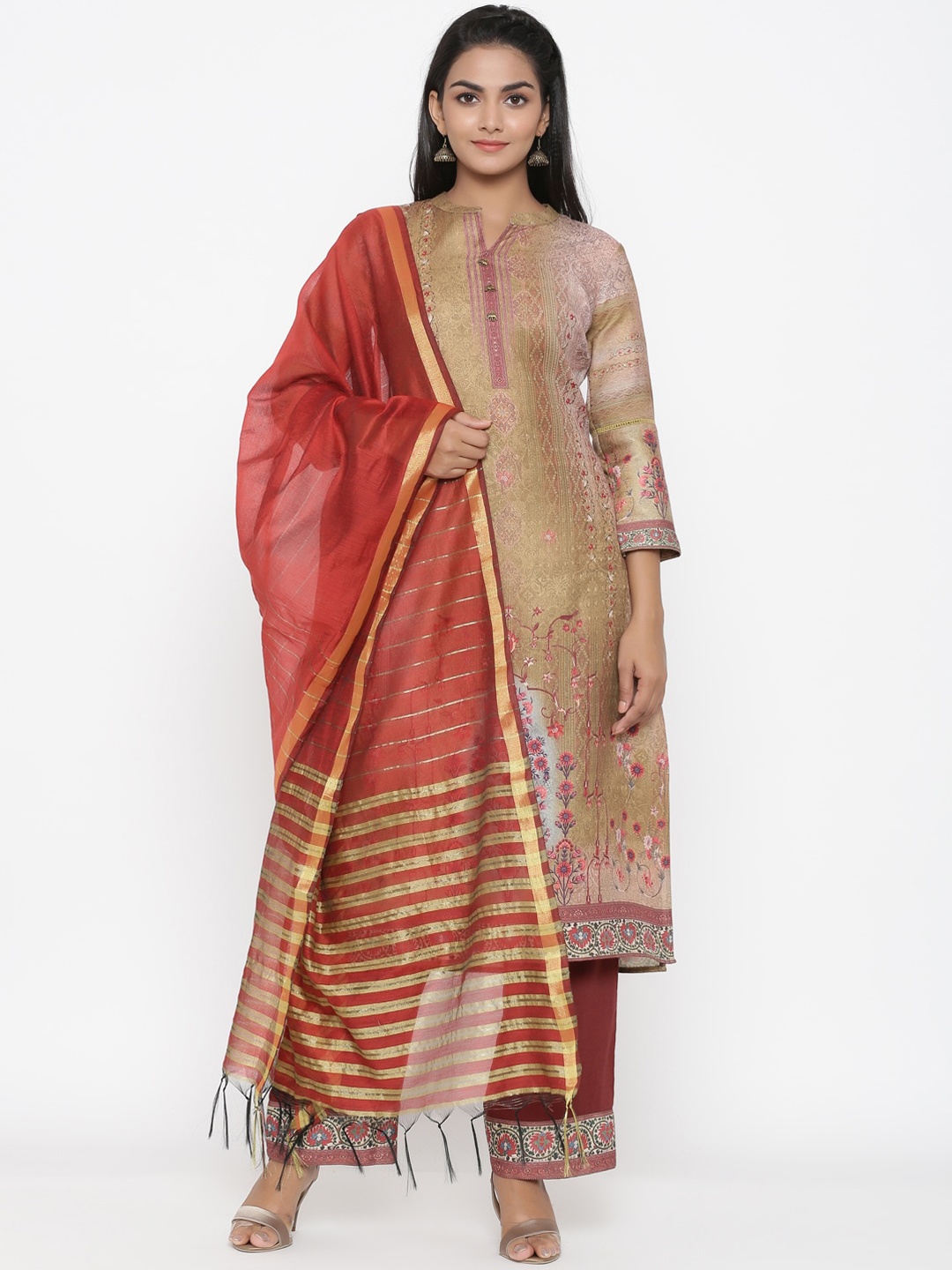 RANGMAYEE Women Beige & Maroon Printed Kurta with Palazzos & Dupatta