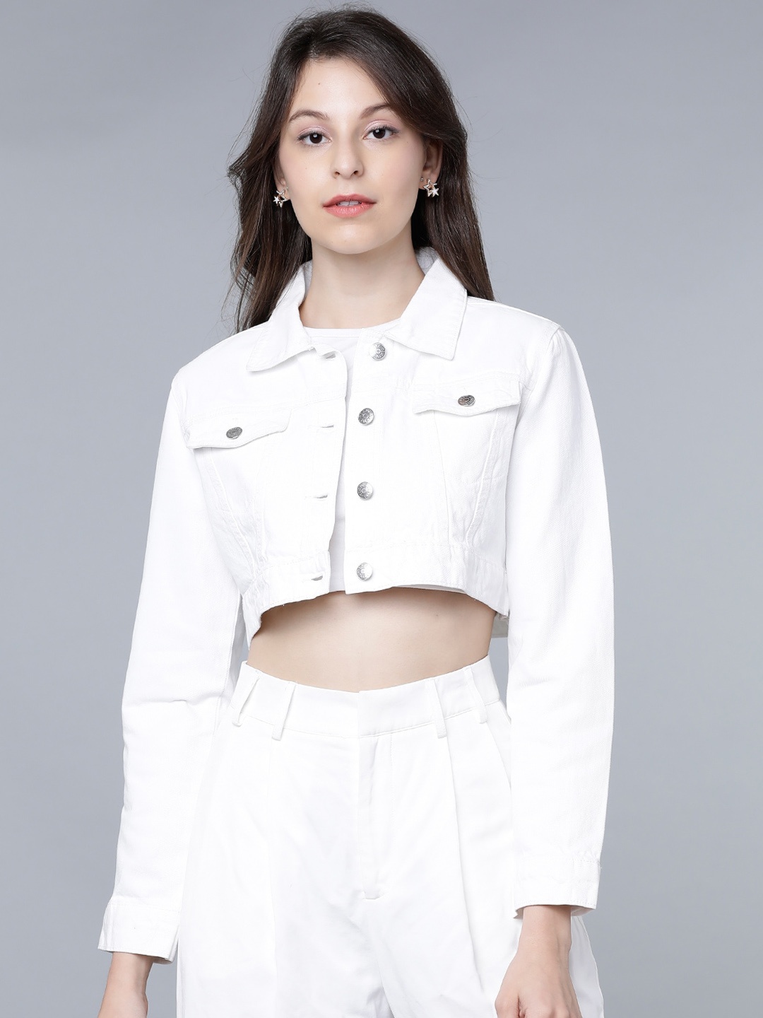 

Tokyo Talkies Women White Solid Crop Denim Jacket