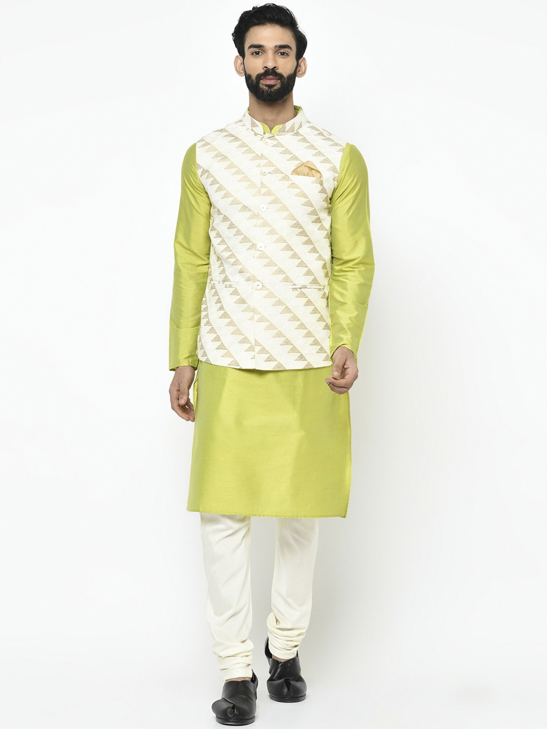 

Vartah Men Lime Green & White Solid Kurta Set with Nehru Jacket