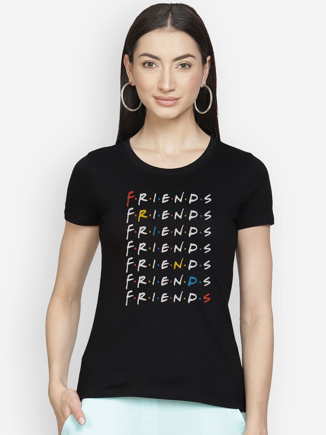

Free Authority Women Black Friends Printed Round Neck Cotton Pure Cotton T-shirt