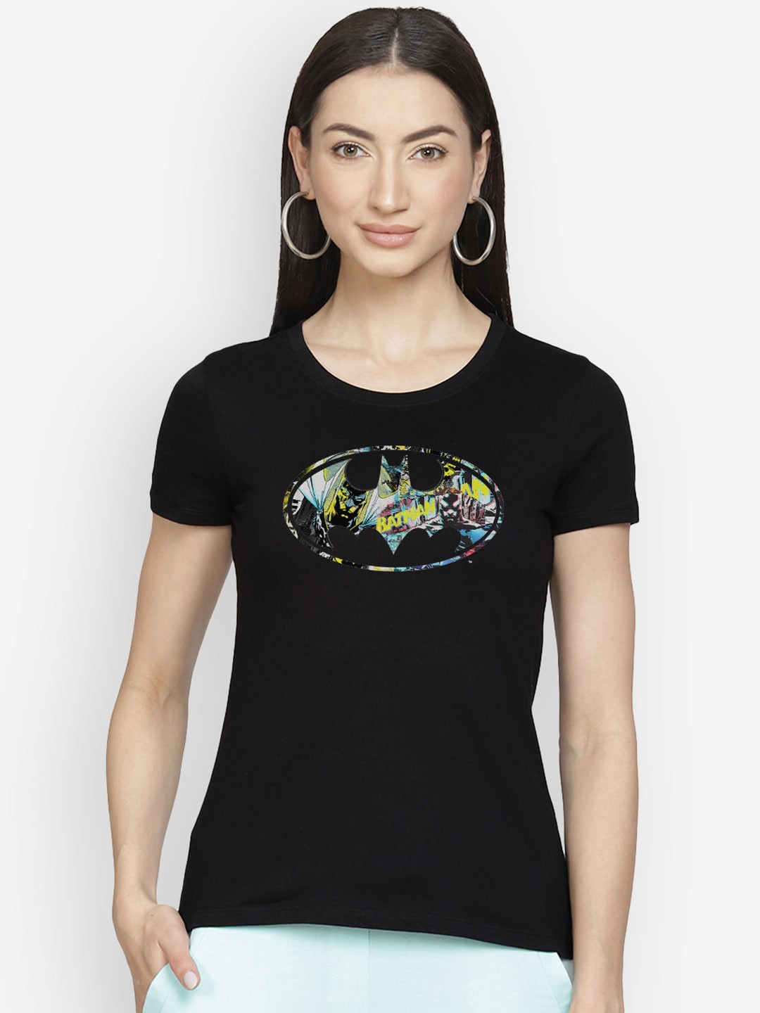 

Free Authority Women Black Batman Printed Round Neck Pure Cotton T-shirt
