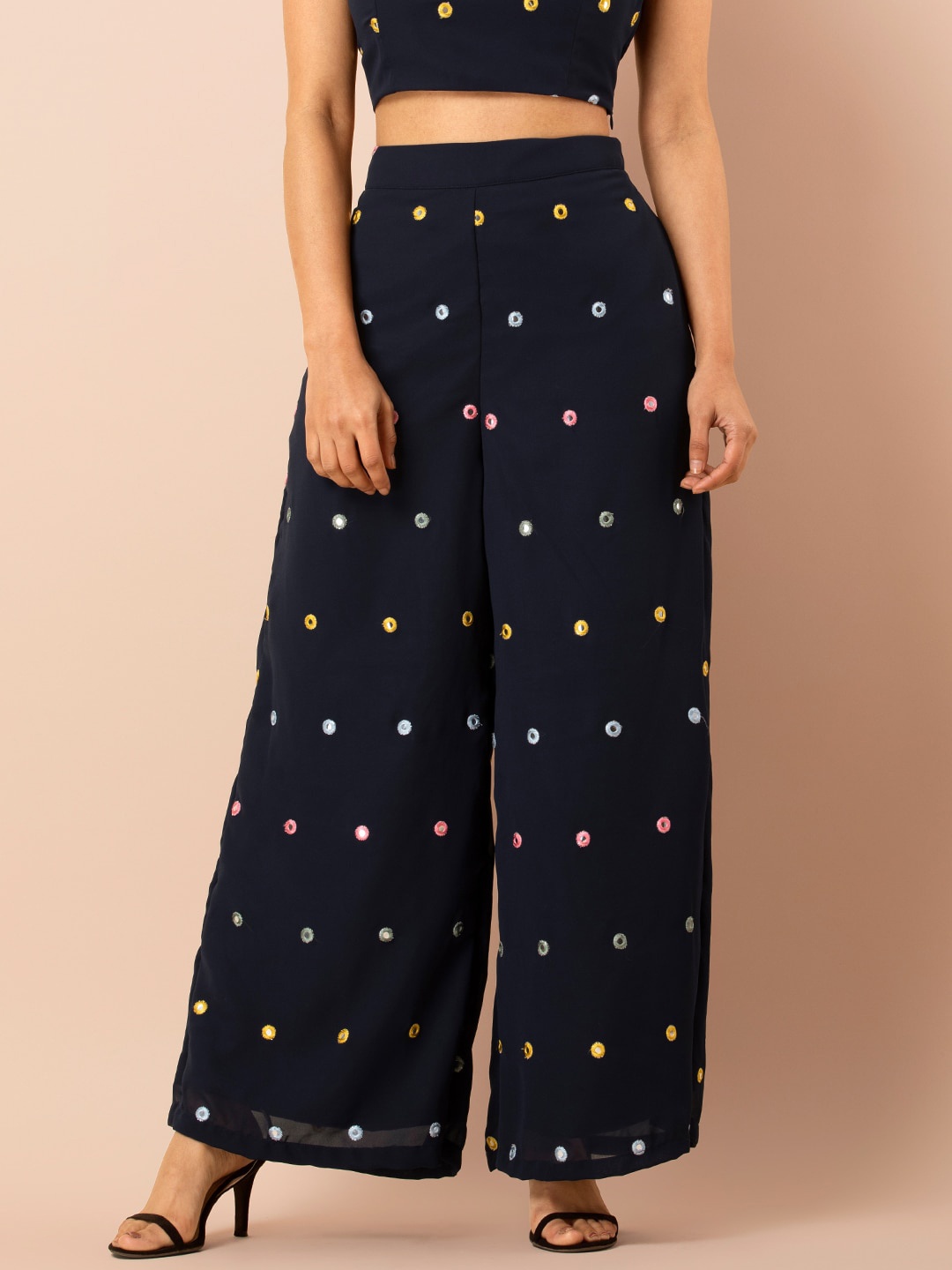 

INDYA Women Navy-Blue Embellished Wide-Leg Palazzos