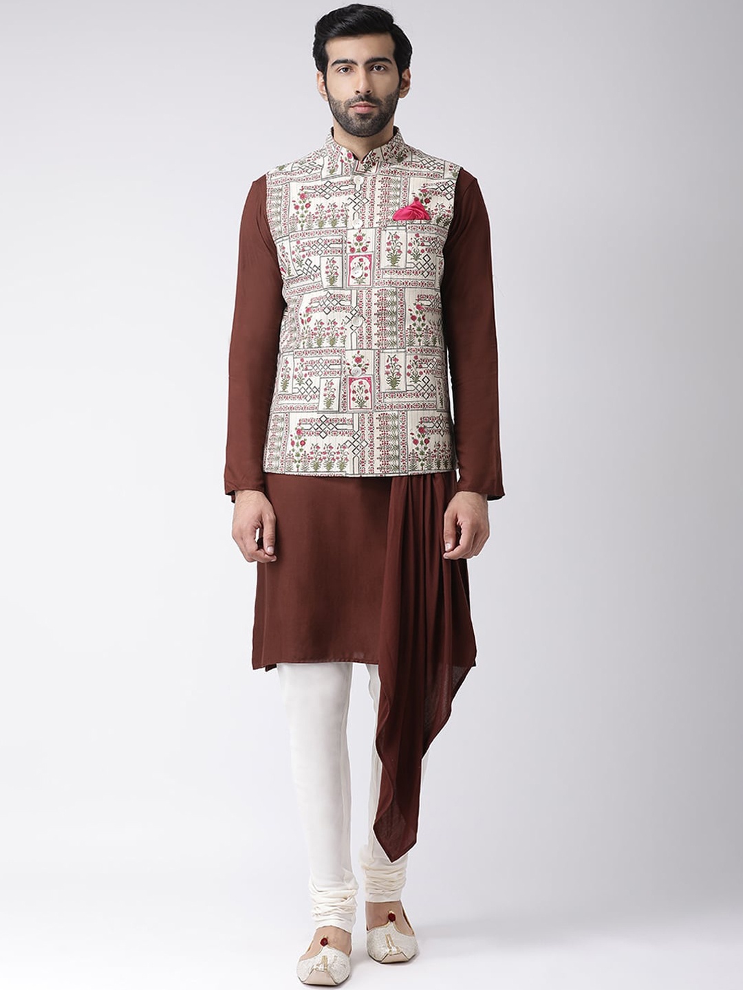 

Vartah Men Brown & White Solid Kurta with Churidar & Jacket