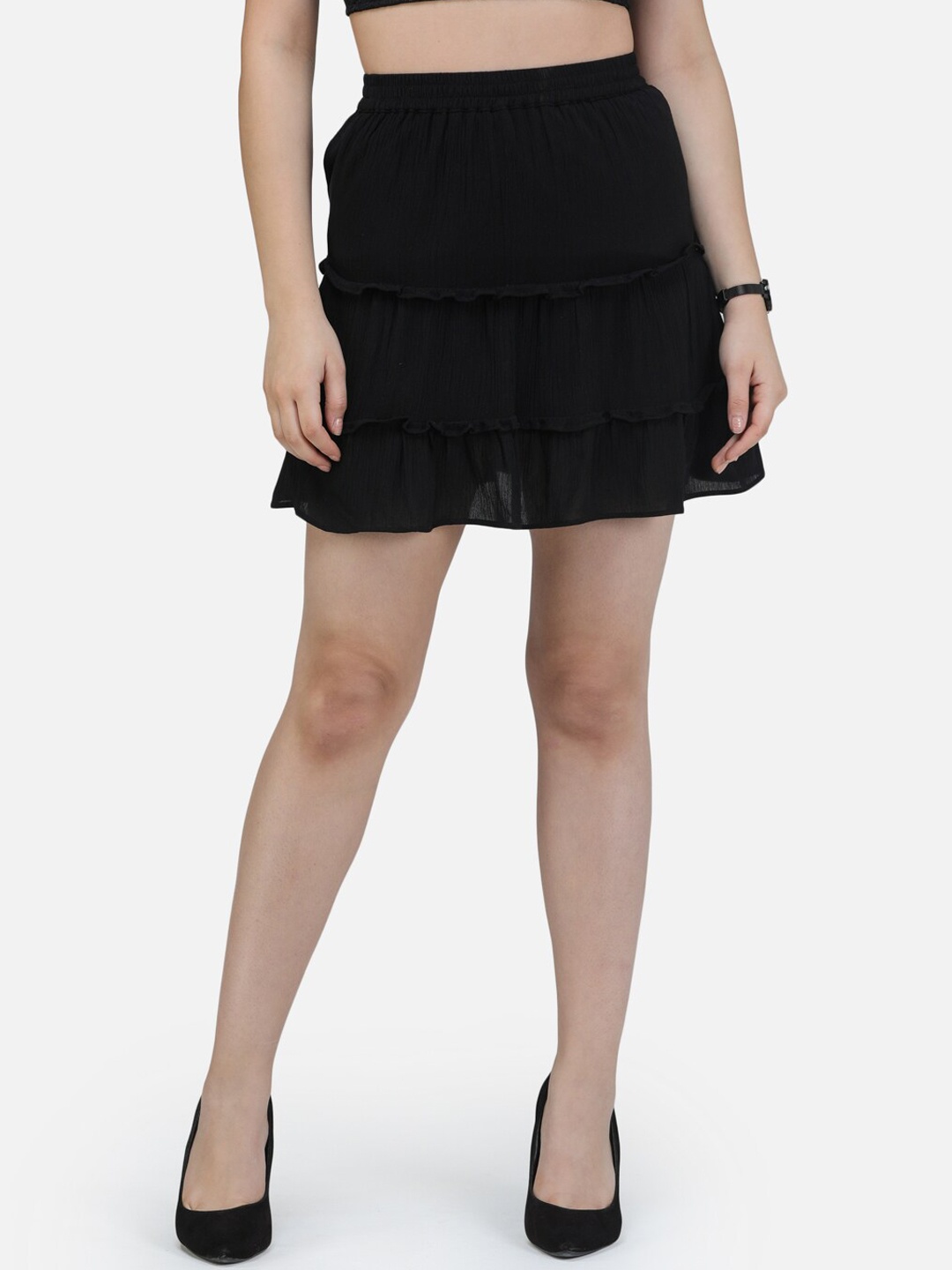 

SCORPIUS Women Black Solid Tiered A-Line Mini Skirt