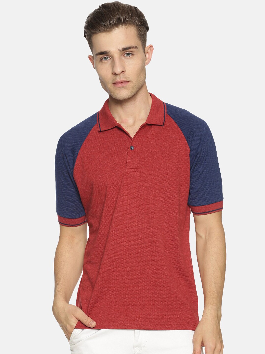 

Campus Sutra Men Maroon & Navy Blue Colourblocked Polo Collar T-shirt