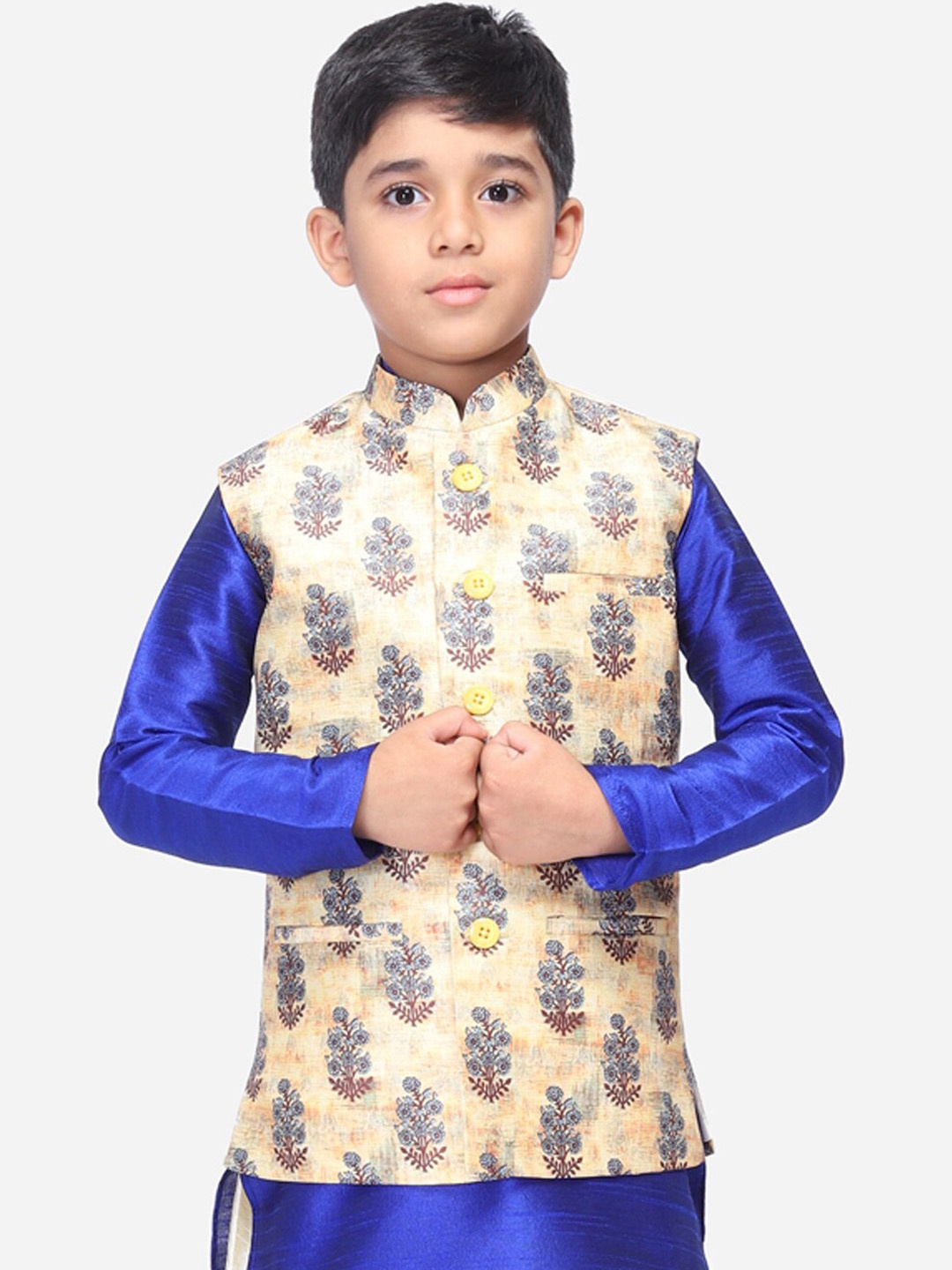 

NAMASKAR Boys Cream-Colored & Grey Floral Print Nehru Jacket
