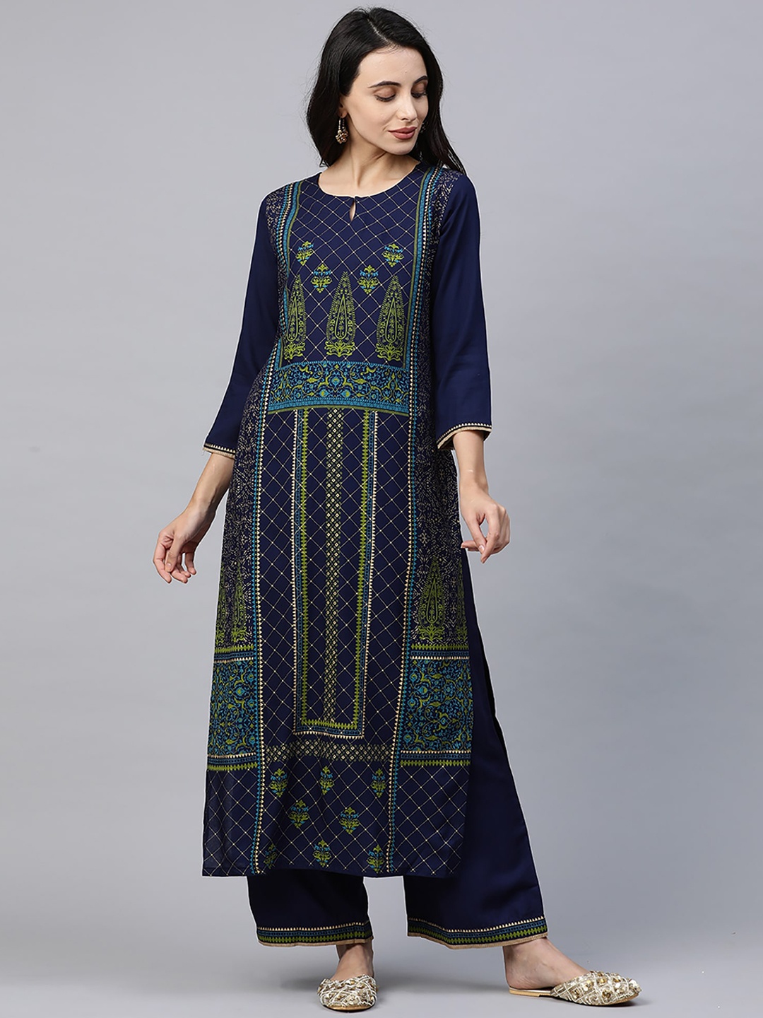 

Indo Era Women Blue & Green Printed A-Line Kurta