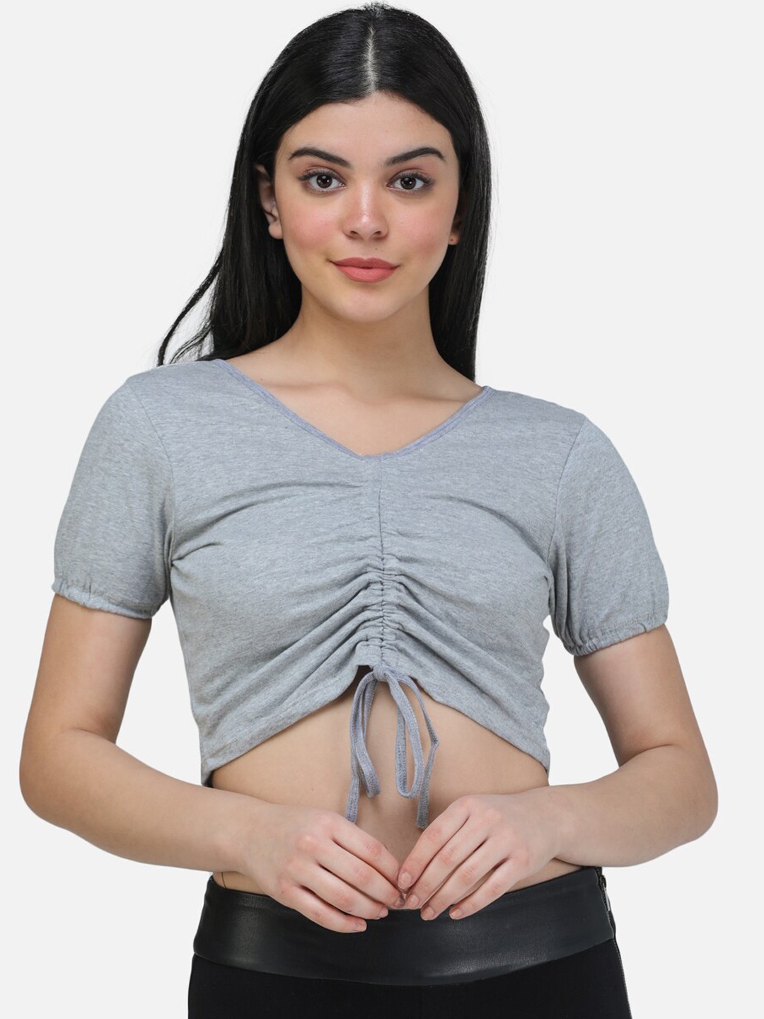

SCORPIUS Women Grey Melange Solid Fitted Top