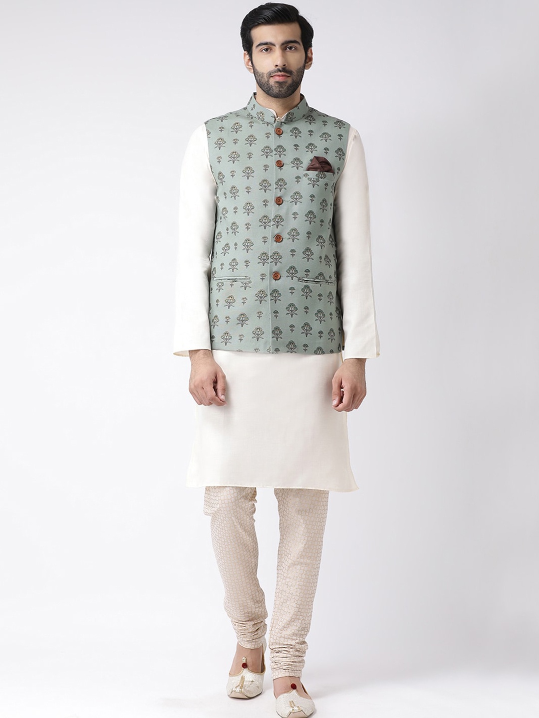 

Vartah Men White & Gold-Coloured Self Design Kurta with Churidar & Nehru Jacket