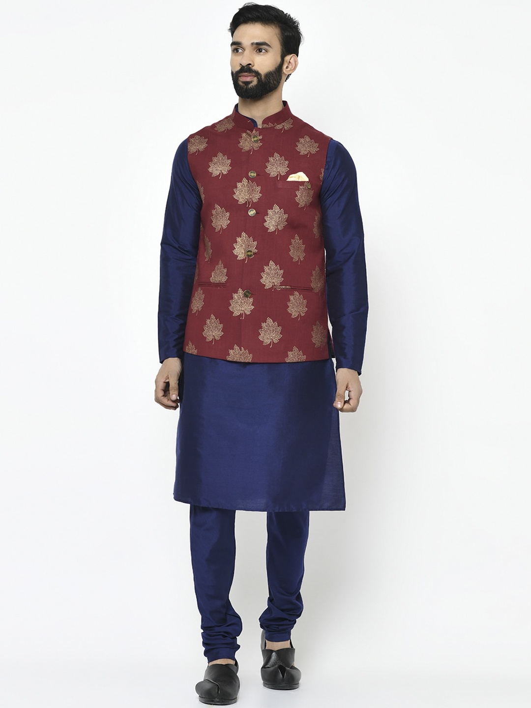 

Vartah Men Navy Blue Solid Kurta with Churidar & Nehru Jacket