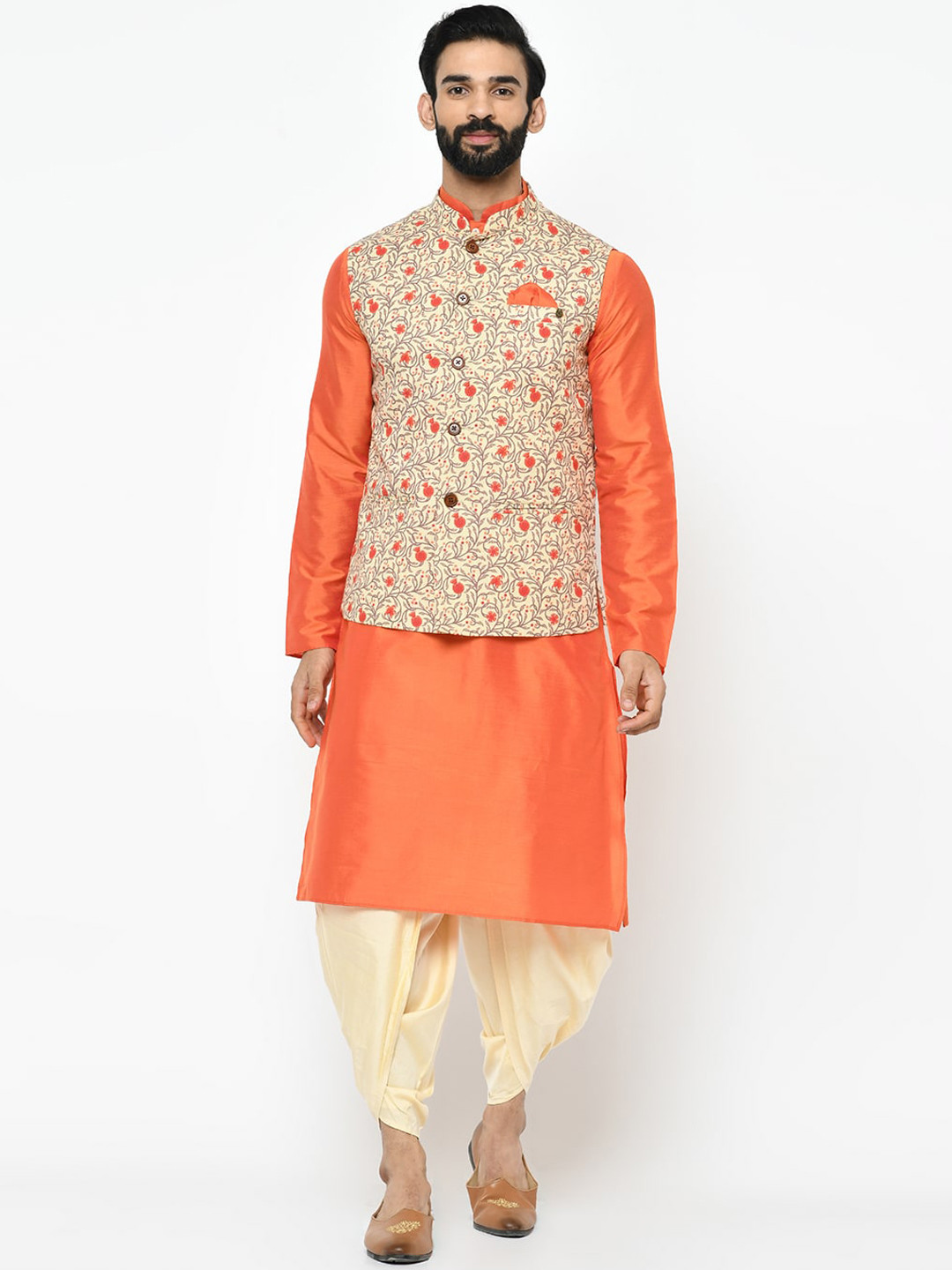 

Vartah Men Cream-Coloured & Orange Solid Kurta with Dhoti Pants & Nehru Jacket