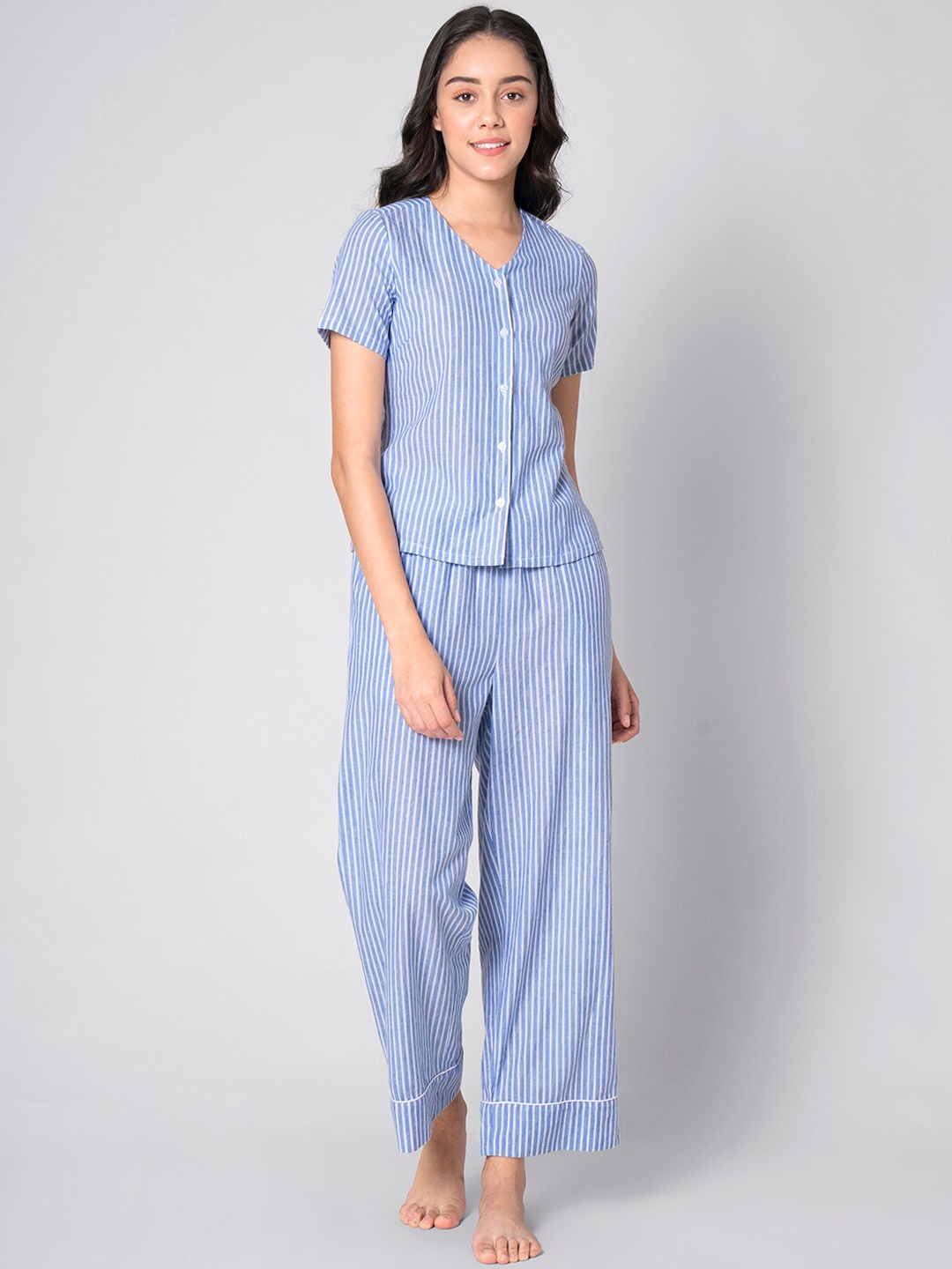 FabAlley Women Blue & White Striped Night Suit