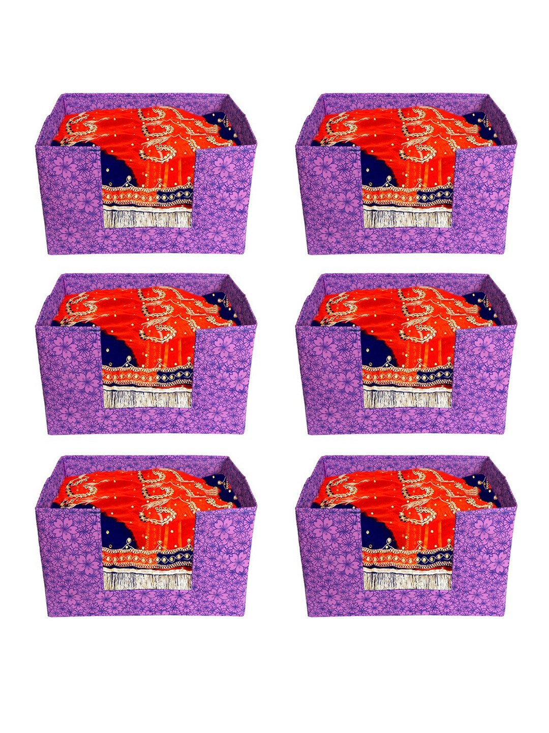 

Kuber Industries Set of 6 Purple Floral Printed Large Stacker Foldable Wardrobe Organizers