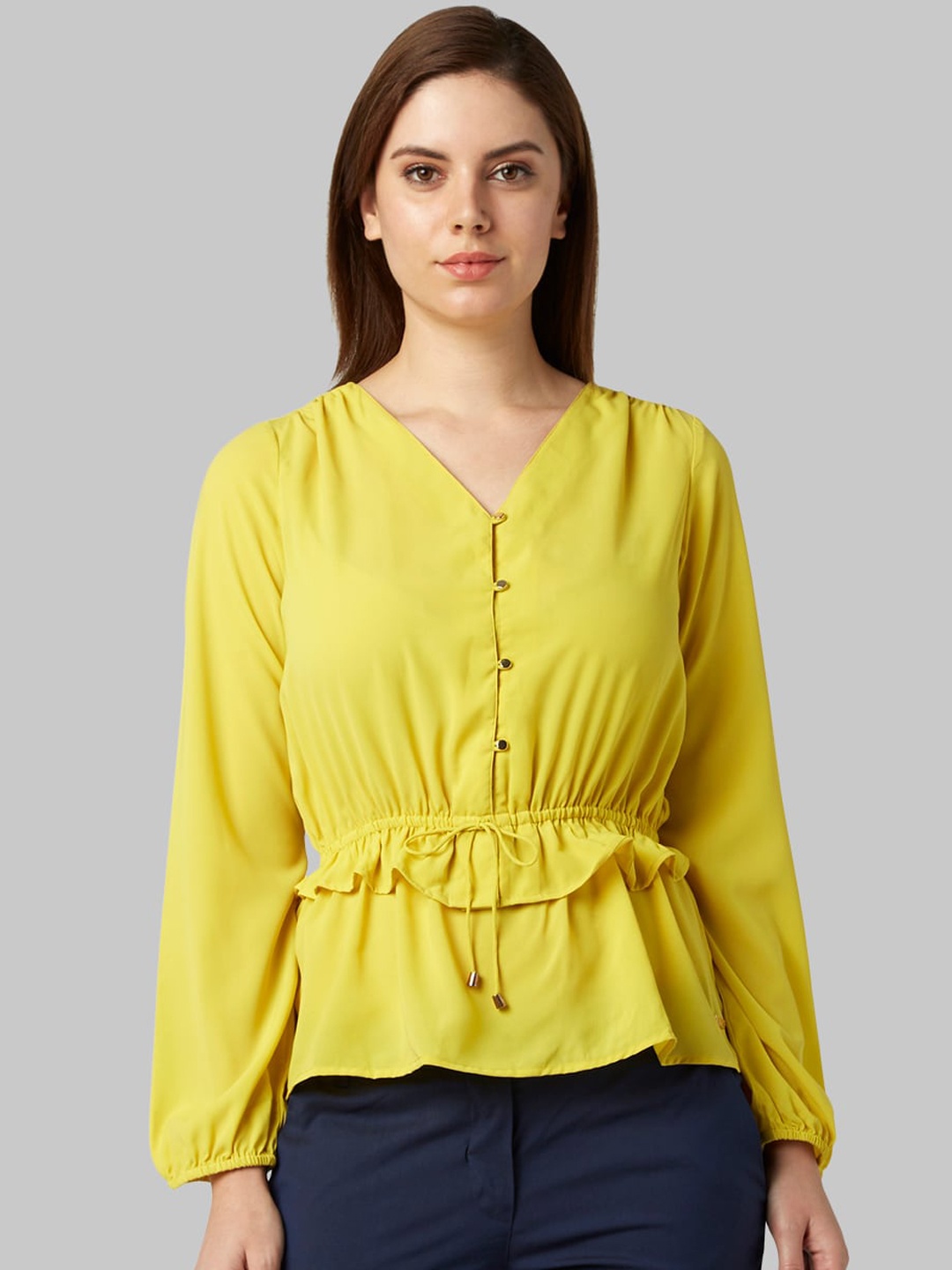 

Park Avenue Woman Women Yellow Solid Cinched Waist Top