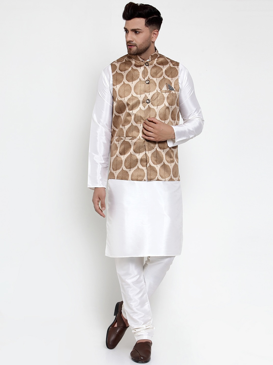 Jompers Men Brown & Off-White Solid Kurta Set with Nehru Jacket