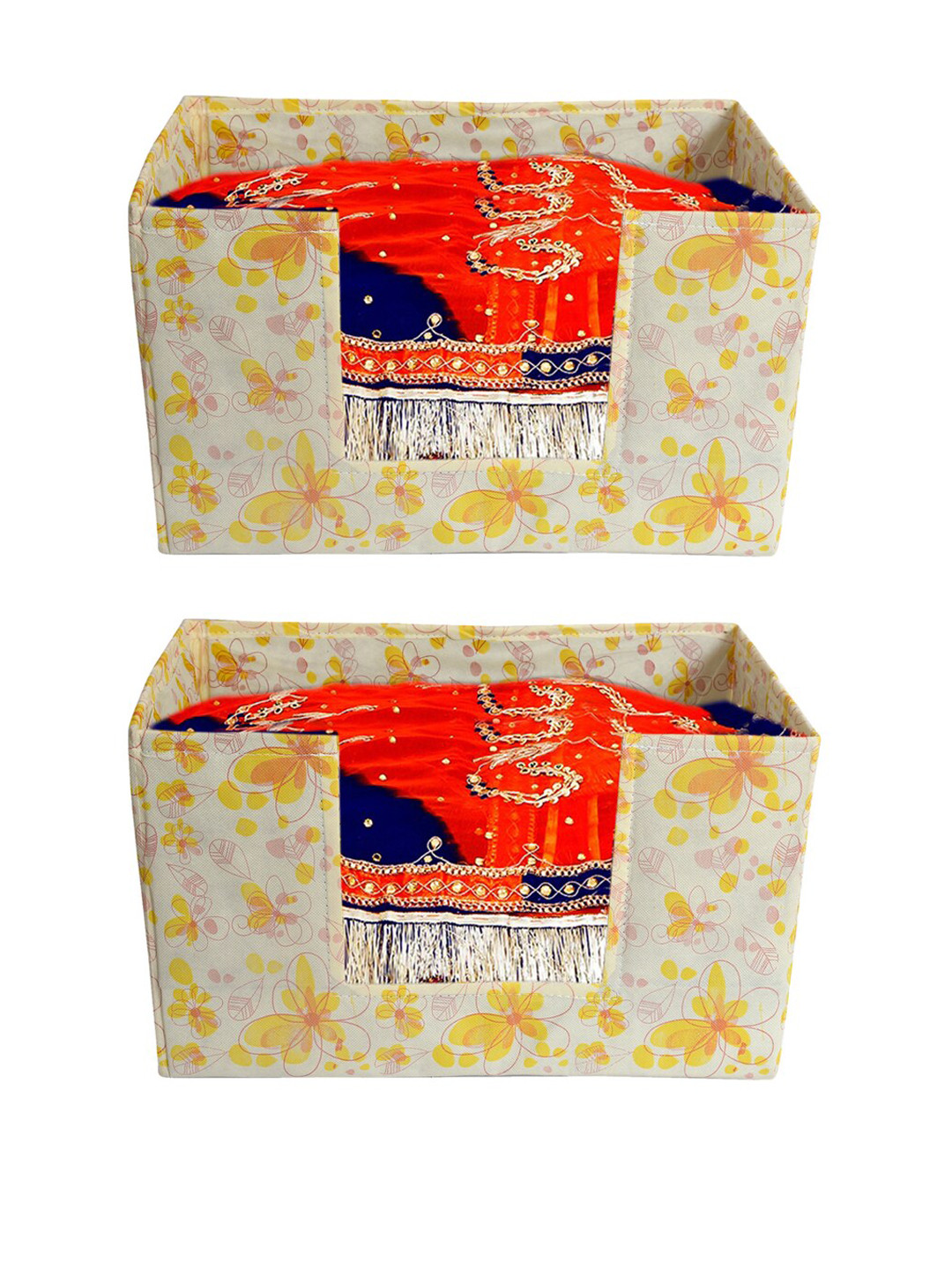 

Kuber Industries Set Of 2 Off- White & Yellow Flower Printed Shirt Stacker Organizers