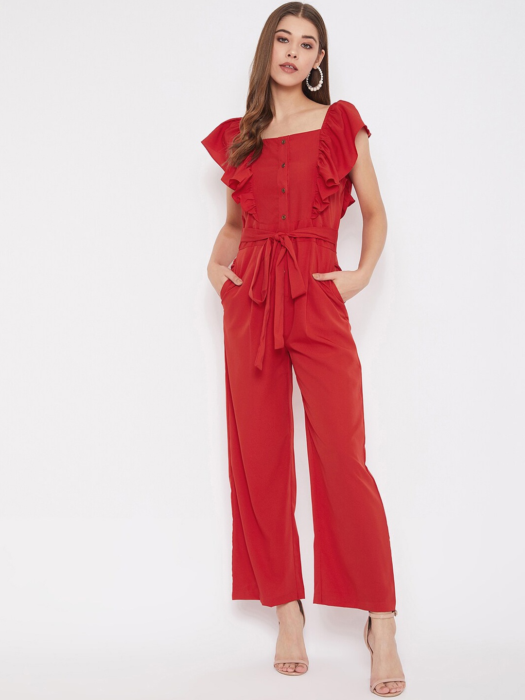 

Uptownie Lite Women Red Solid Wrinkle Free Basic Jumpsuit