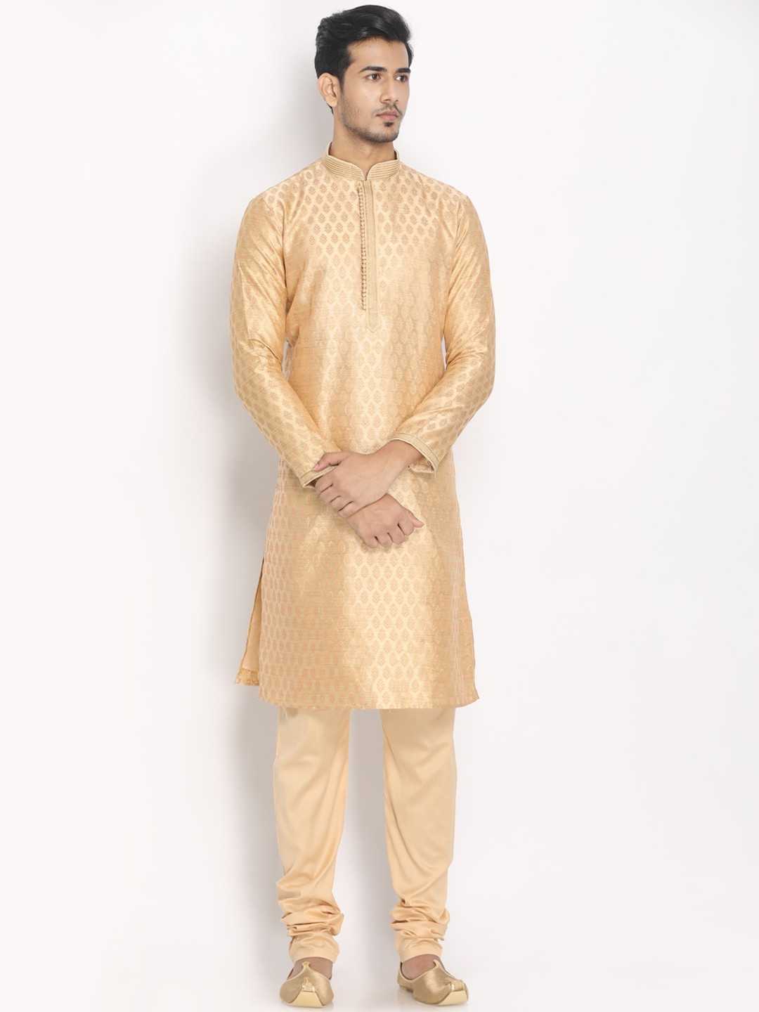 

Manyavar Men Gold-Coloured Self Design Kurta with Churidar