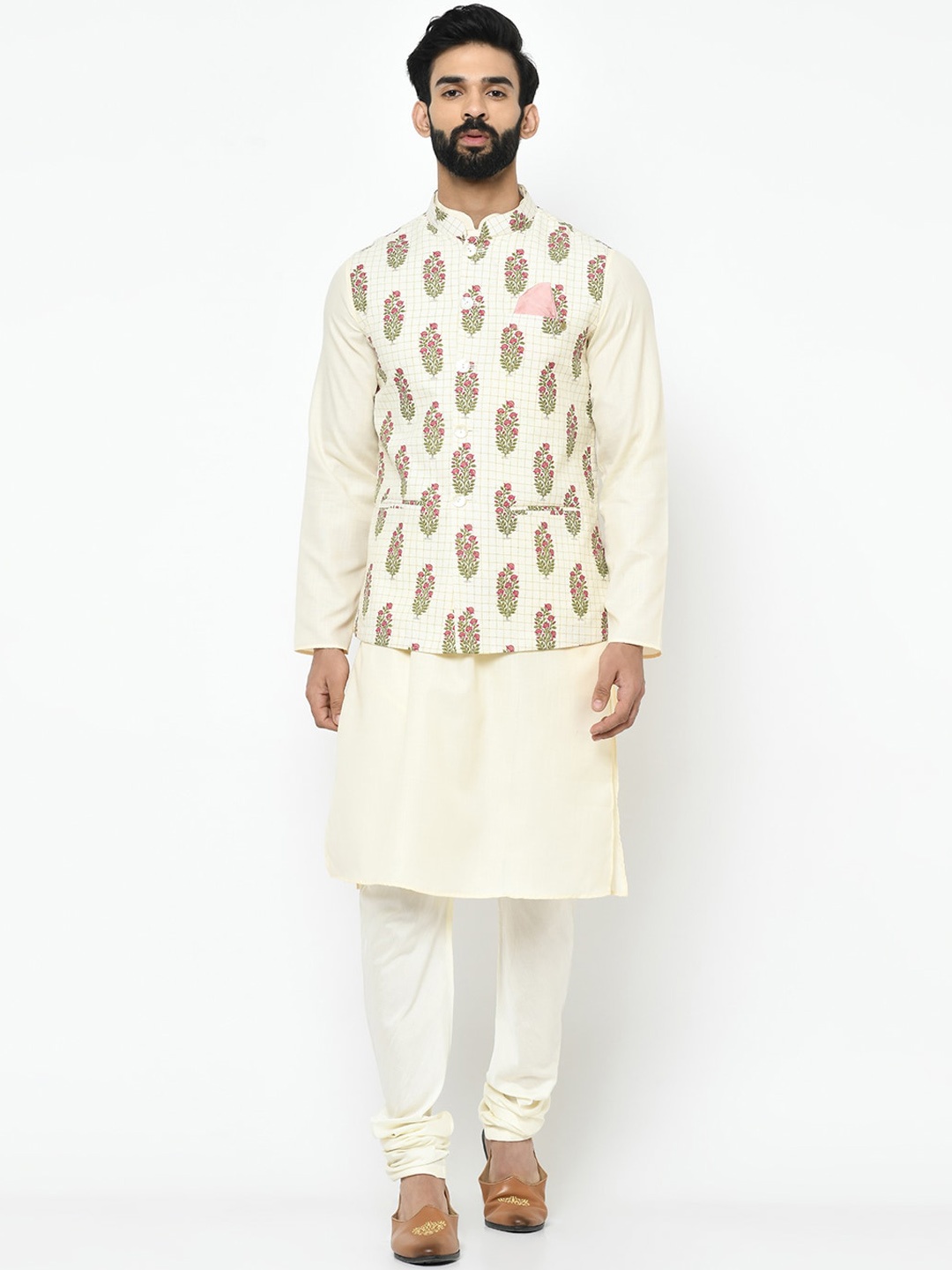 

Vartah Men Yellow & Pink Self Design Kurta with Churidar & Nehru Jacket