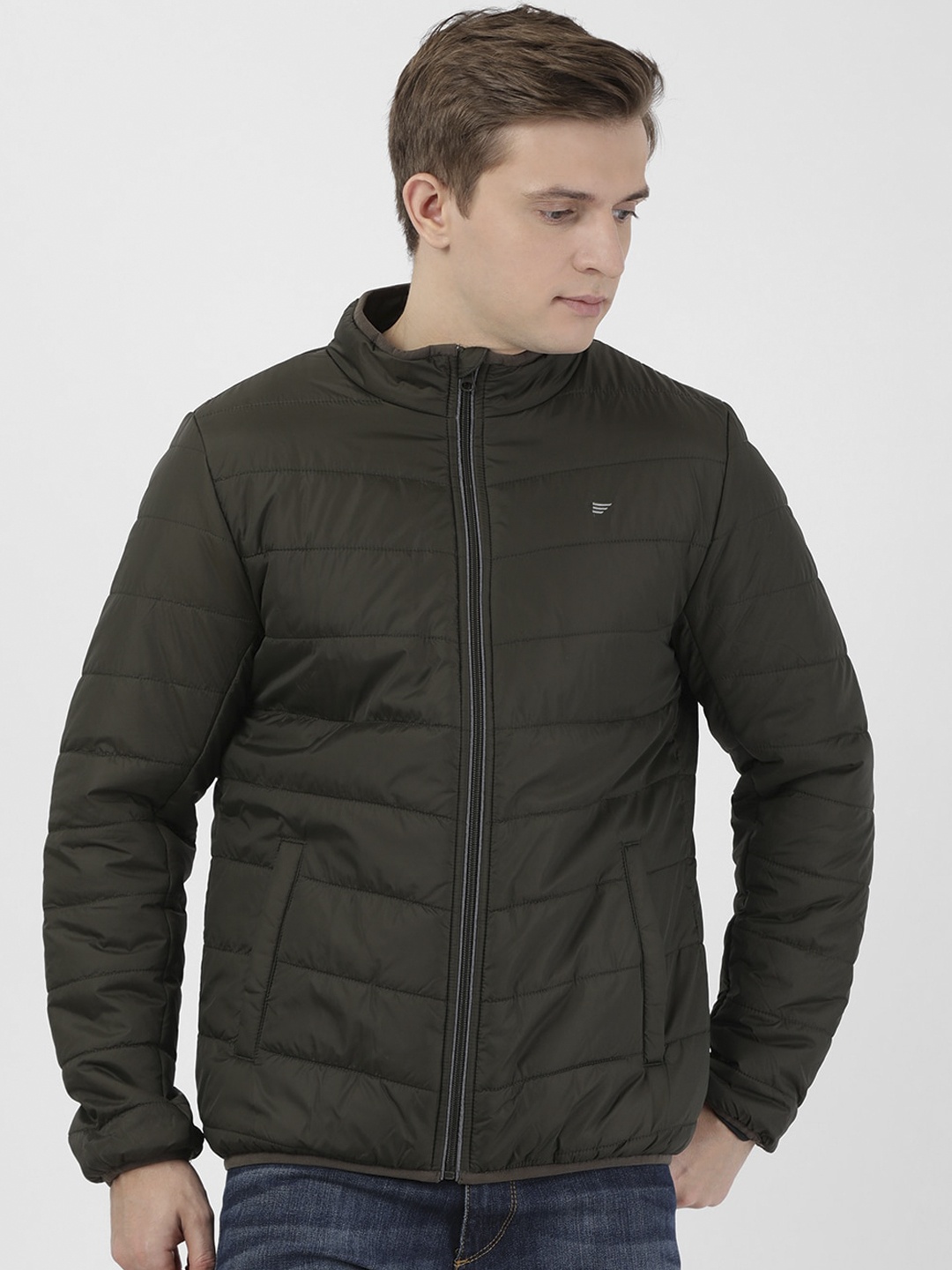 t-base Men Olive Green Solid Lightweight Padded Jacket