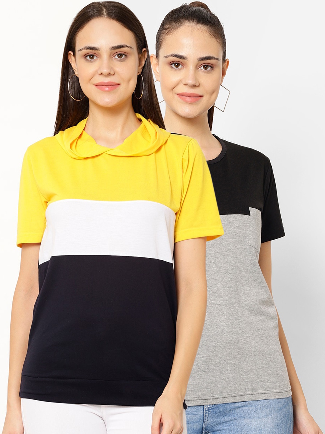 

VIMAL JONNEY Women Pack of 2 Solid Round Neck T-shirt, Yellow