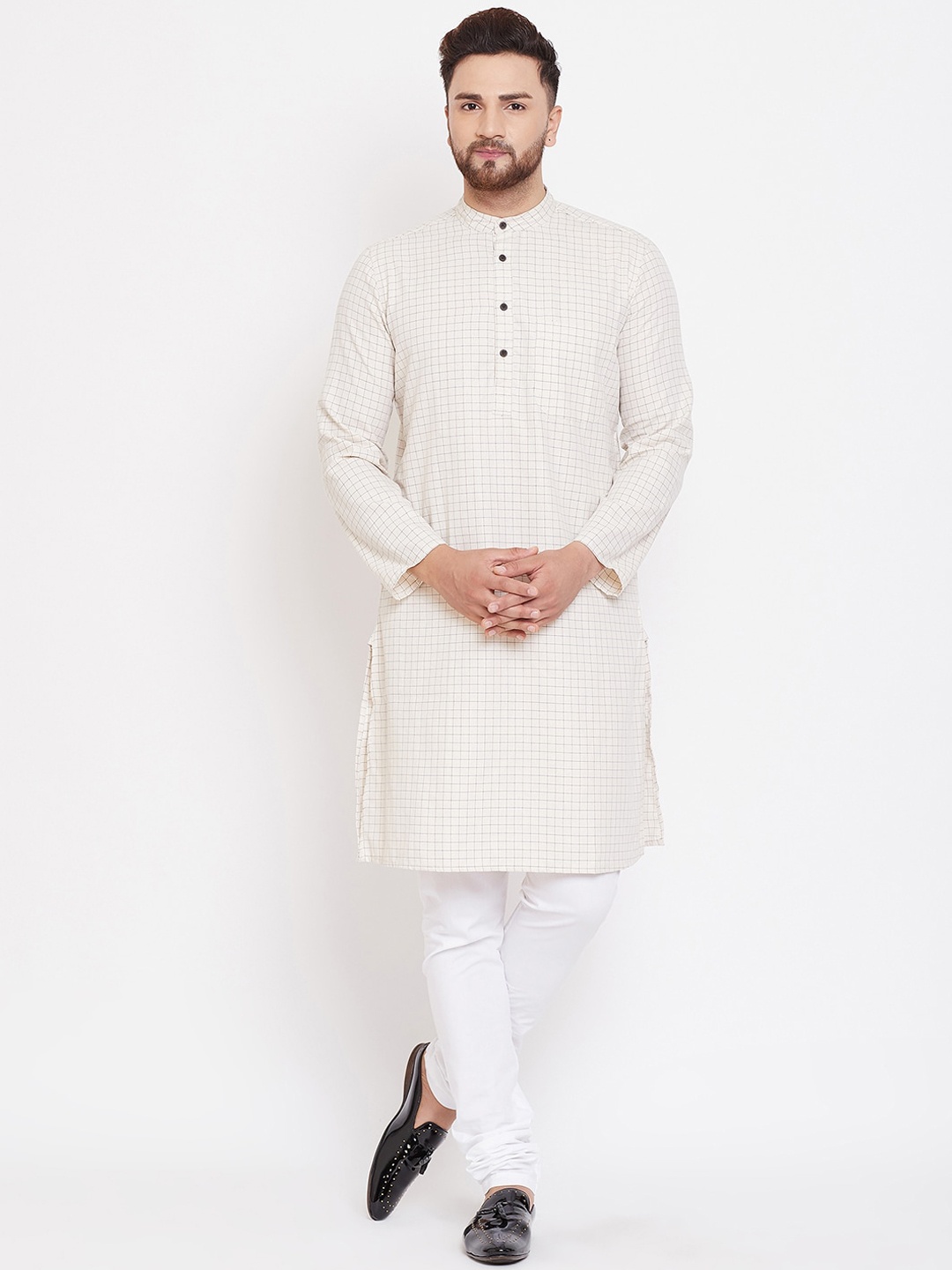 

even Men Cream-Coloured Checked Straight Kurta