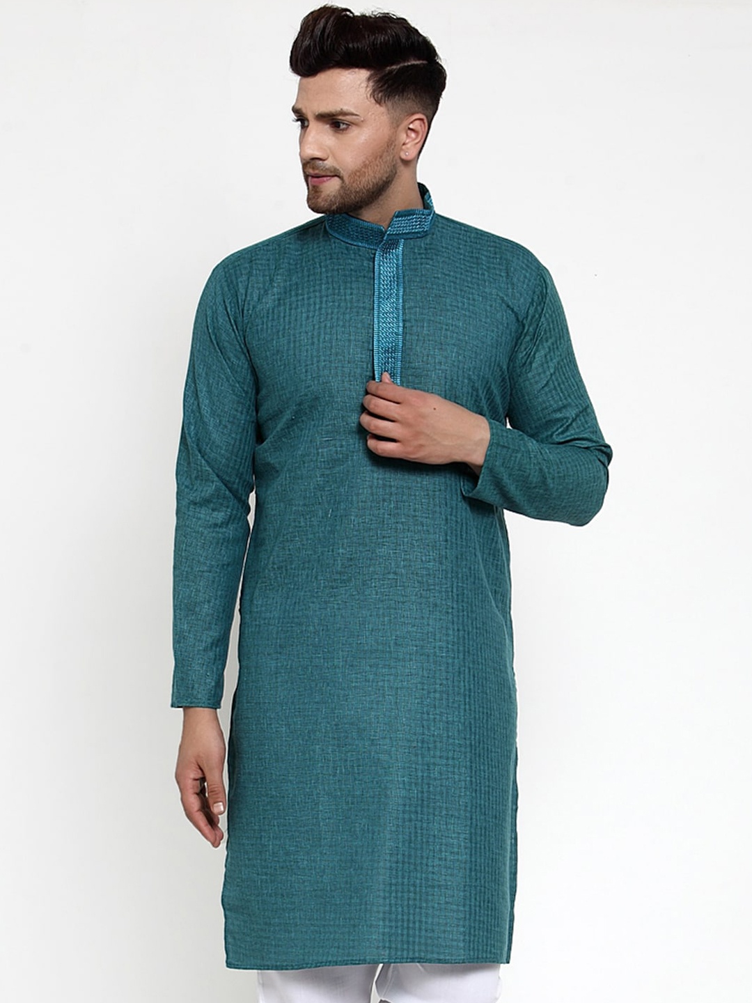 

Jompers Men Teal Green Woven Design Straight Kurta