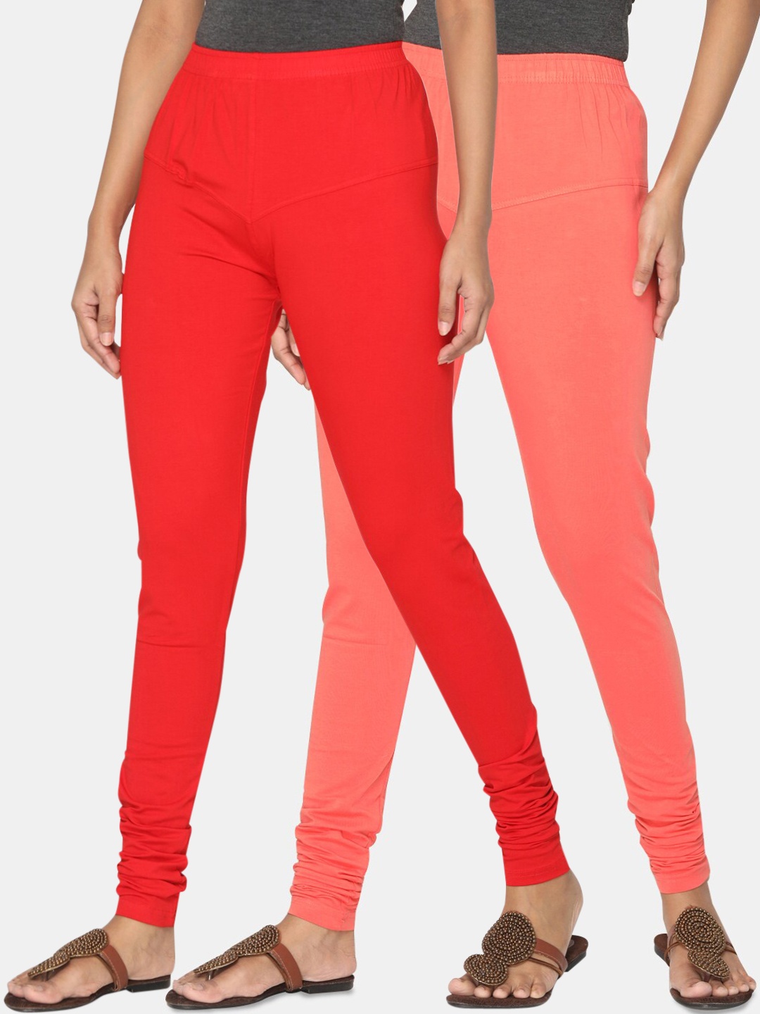 

TSG Bliss Women Pack of 2 Solid Churidar Leggings, Red