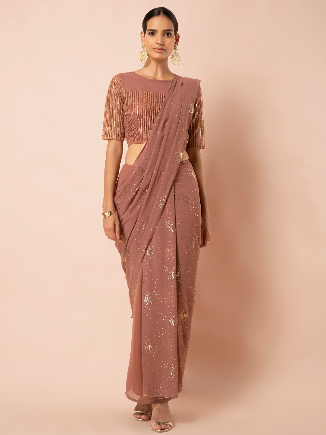 

INDYA Brown Mukaish Detail Pre Draped Ready To Wear Saree