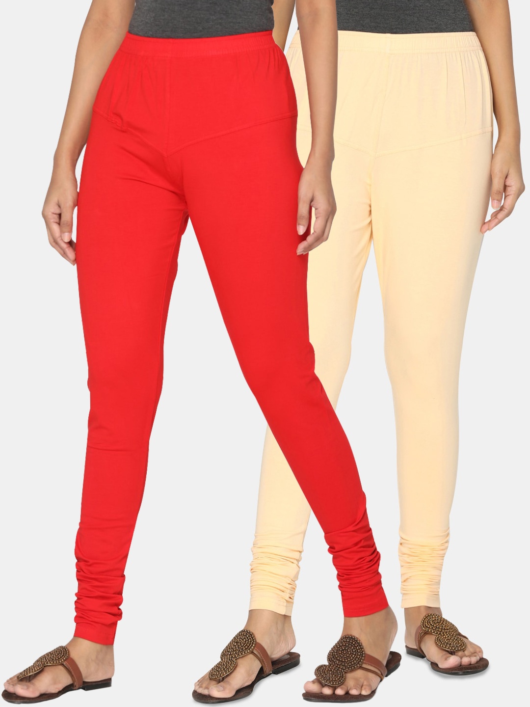 

TSG Bliss Women Pack of 2 Solid Churidar Leggings, Red