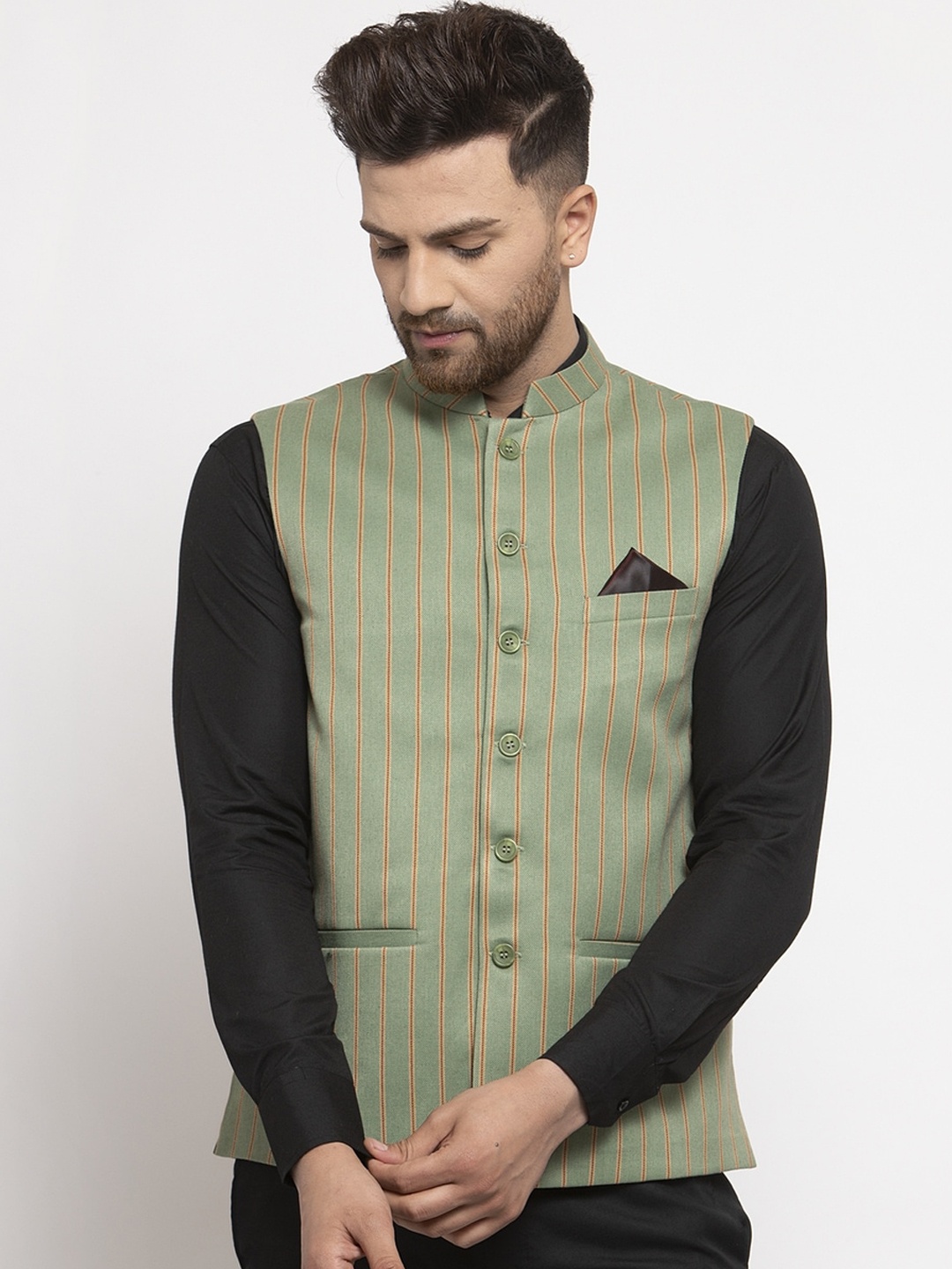 

NEUDIS Men Green Striped Nehru Jacket