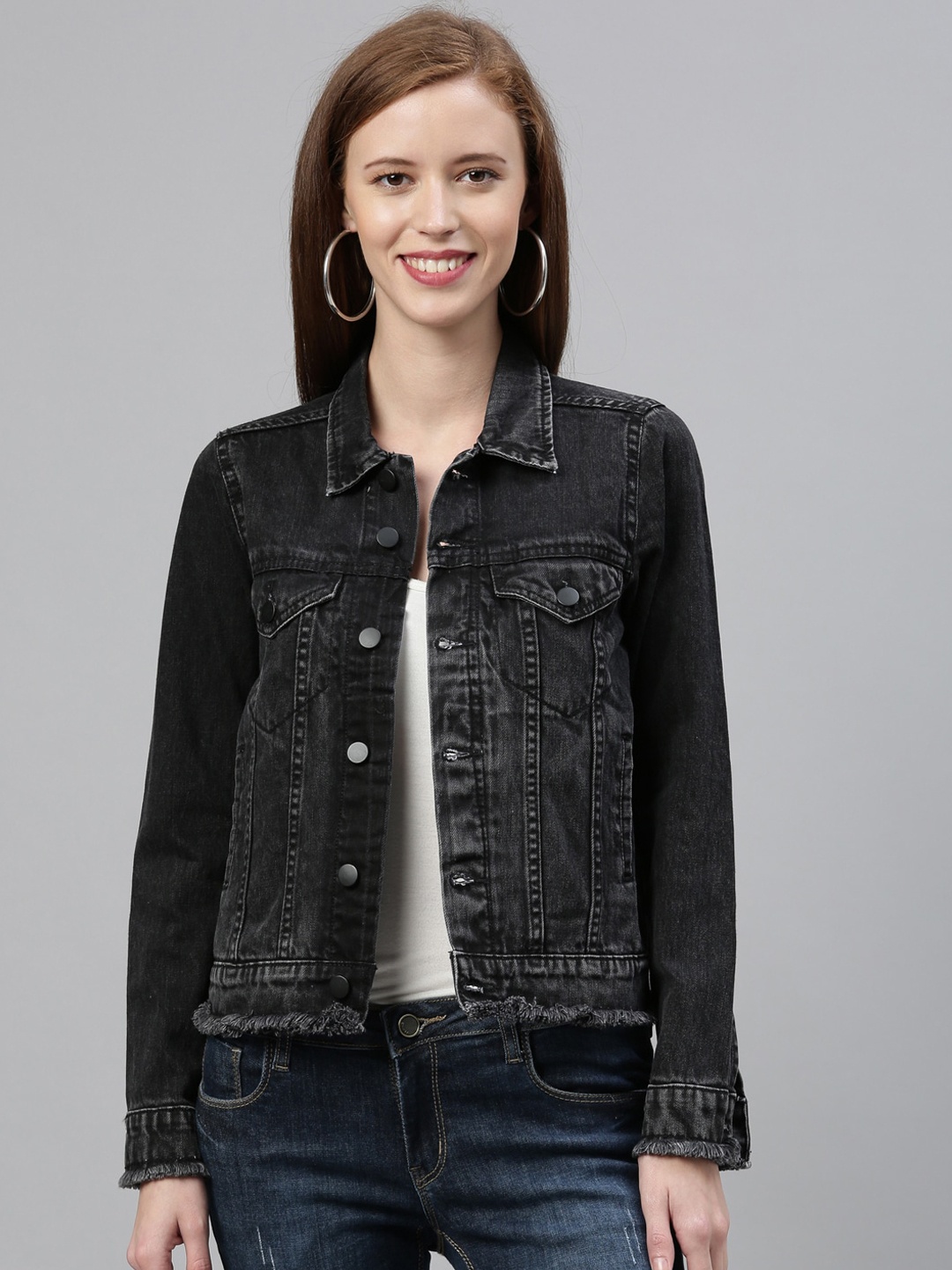 

ZHEIA Women Black Solid Open Front Jacket